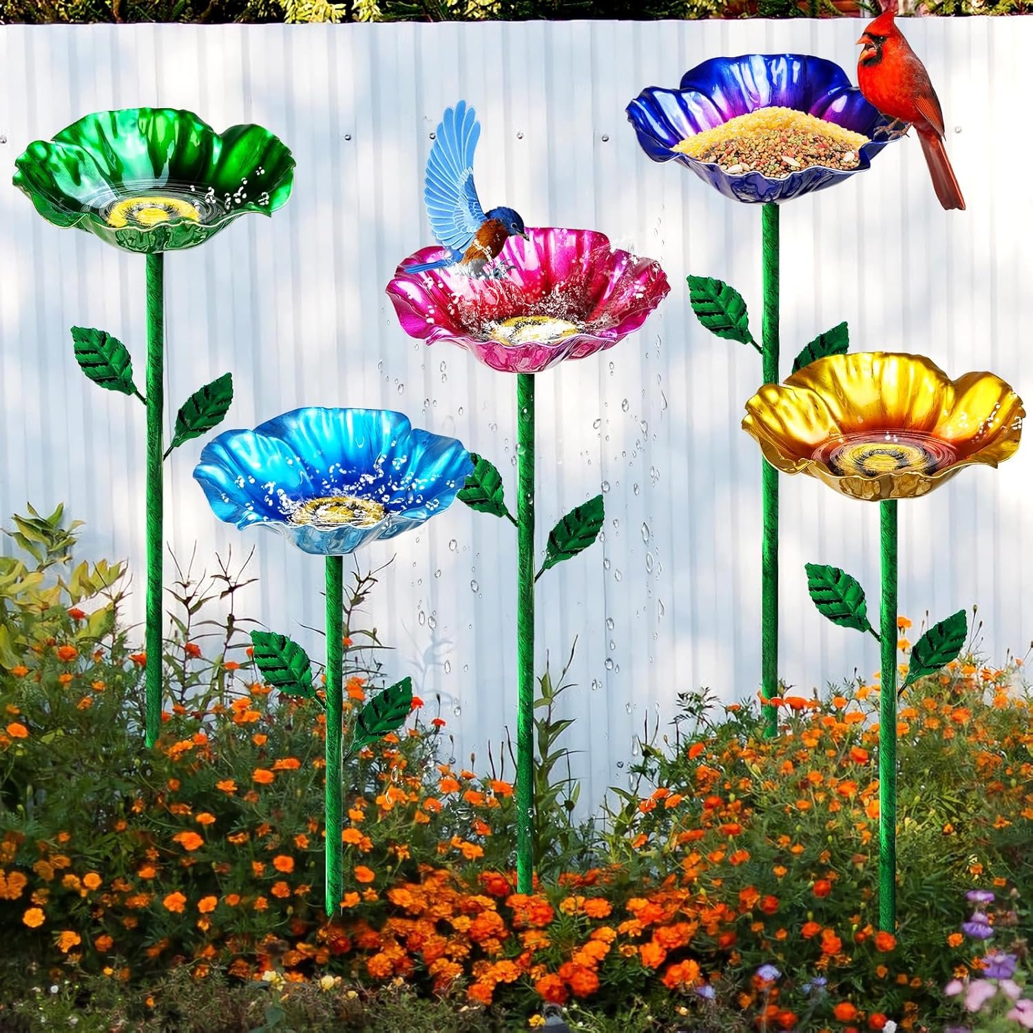 Metal Bird Baths for Outdoors, Garden Bird Bath & Bird Feeders with Metal Stake, Hummingbird Feeder for Outdoor Garden Yard Lawn Decor (5PCS)
