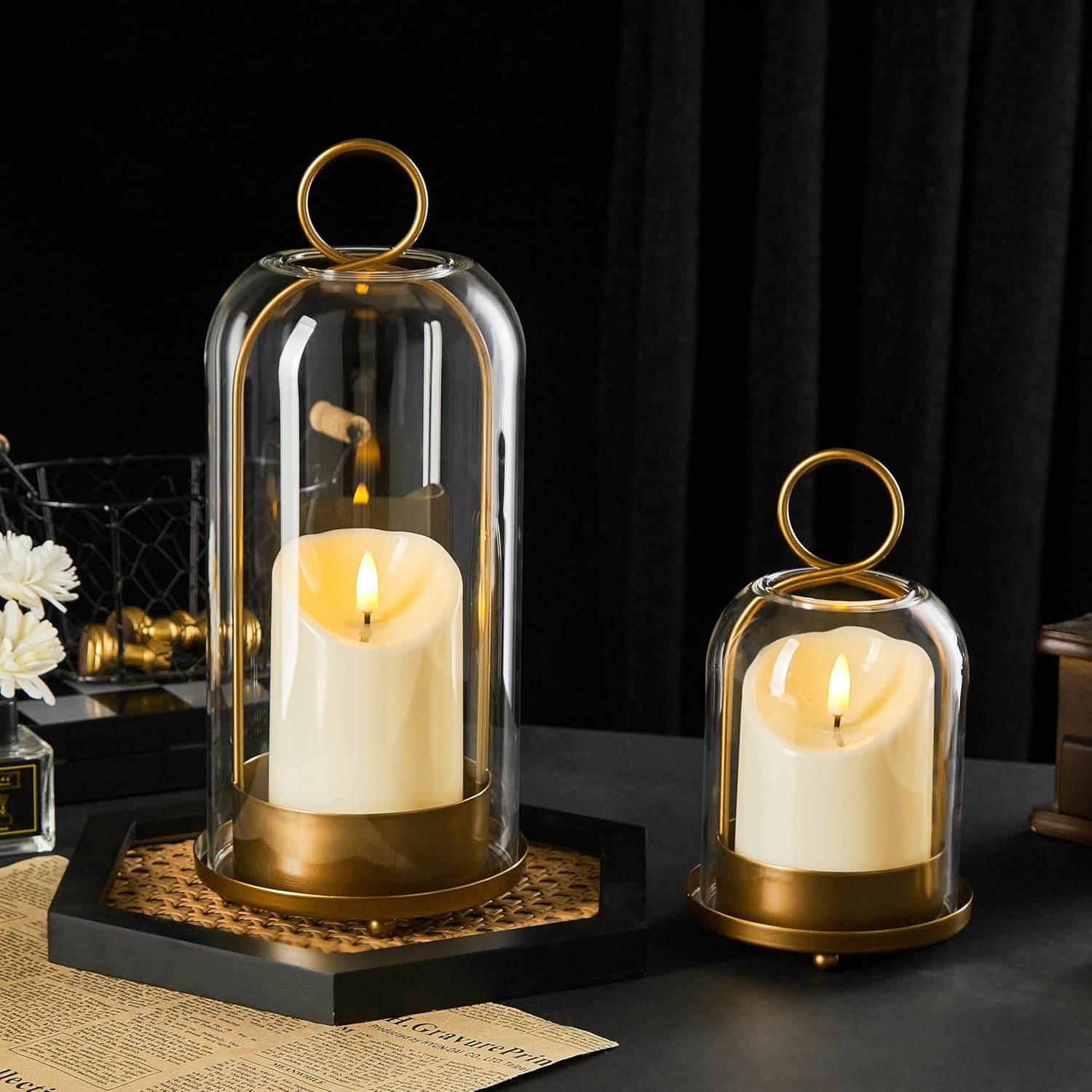 5″&4″ Metal Candle Holder with Handmade Glass Dome in Brass & 2 Timer Candles, Set of 2 Versatile Hurricane Glass Candle Holders for Pillar Candles & Plants