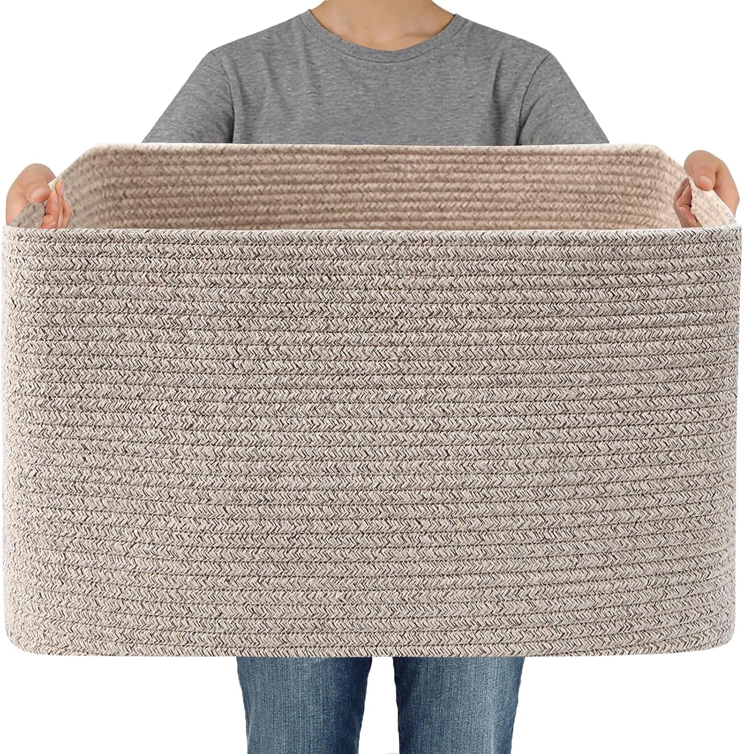 JMvicyroam Woven Blanket Basket,65L Large Storage Bin for Blankets Toys Clothes,Decorative Rope Basket for Living Room Bedroom with Handles, Oatmeal