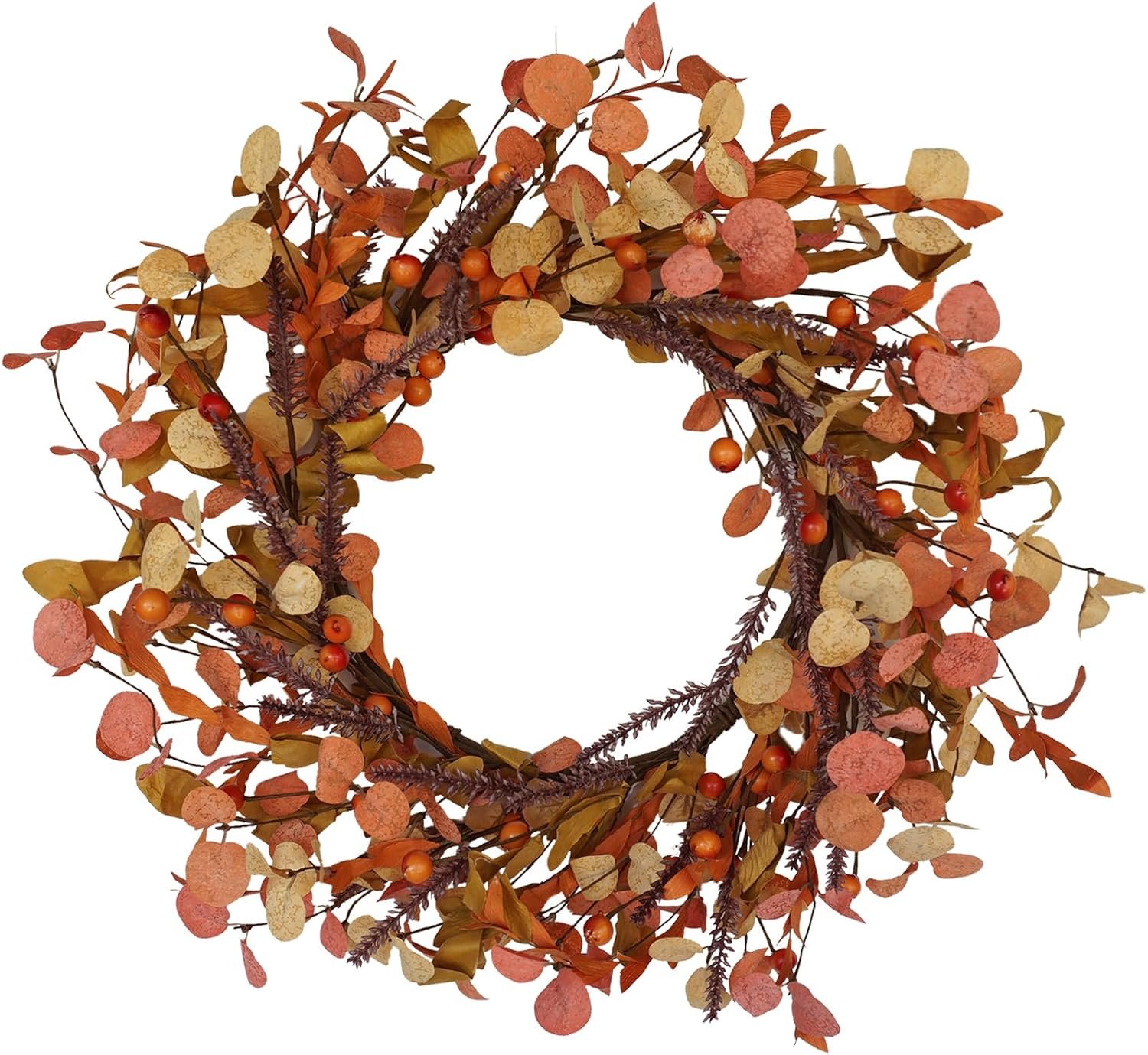 20 Inch Fall Wreath for Front Door Autumn Decor with Orange Eucalyptus Leaves Rustic Thanksgiving Harvest Wreaths Indoor Outdoor Hanging Home Decor