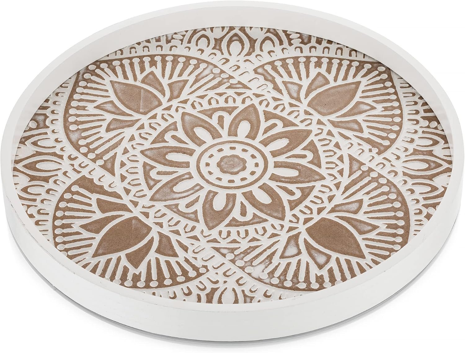 Hanobe Decorative Serving Tray Round: Farmhouse Coffee Table Decor Boho White Mandala Trays for Living Room Kitchen Bathroom Display