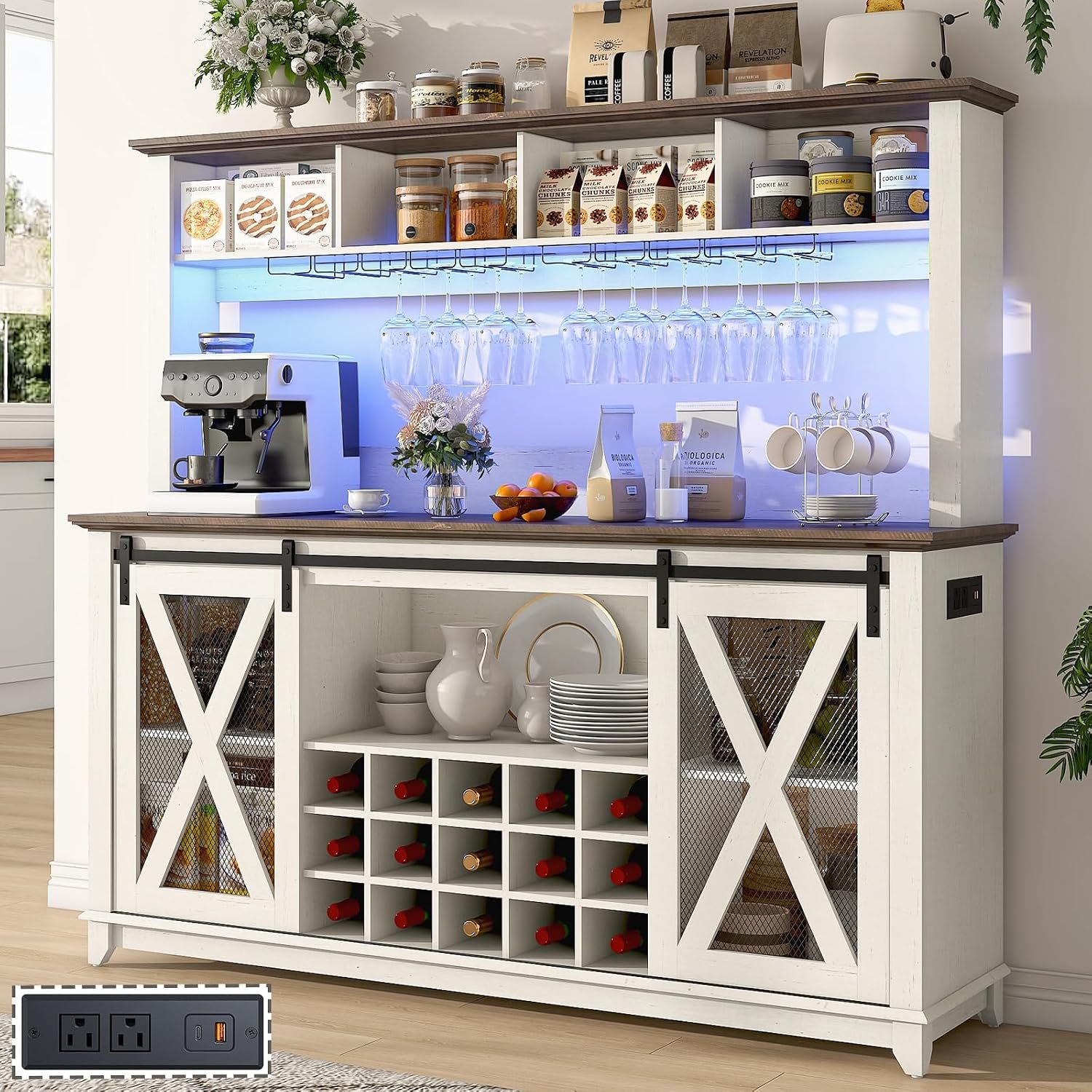 63″Wide 58″H Farmhouse Coffee Bar Cabinet with Power Outlet and LED Light,Wine Bar Cabinet w/ 4 Storage Hutch,Kitchen Buffet Cabinet with 15 Wine and Glass Racks for Kitchen Dining Room(Antique White)