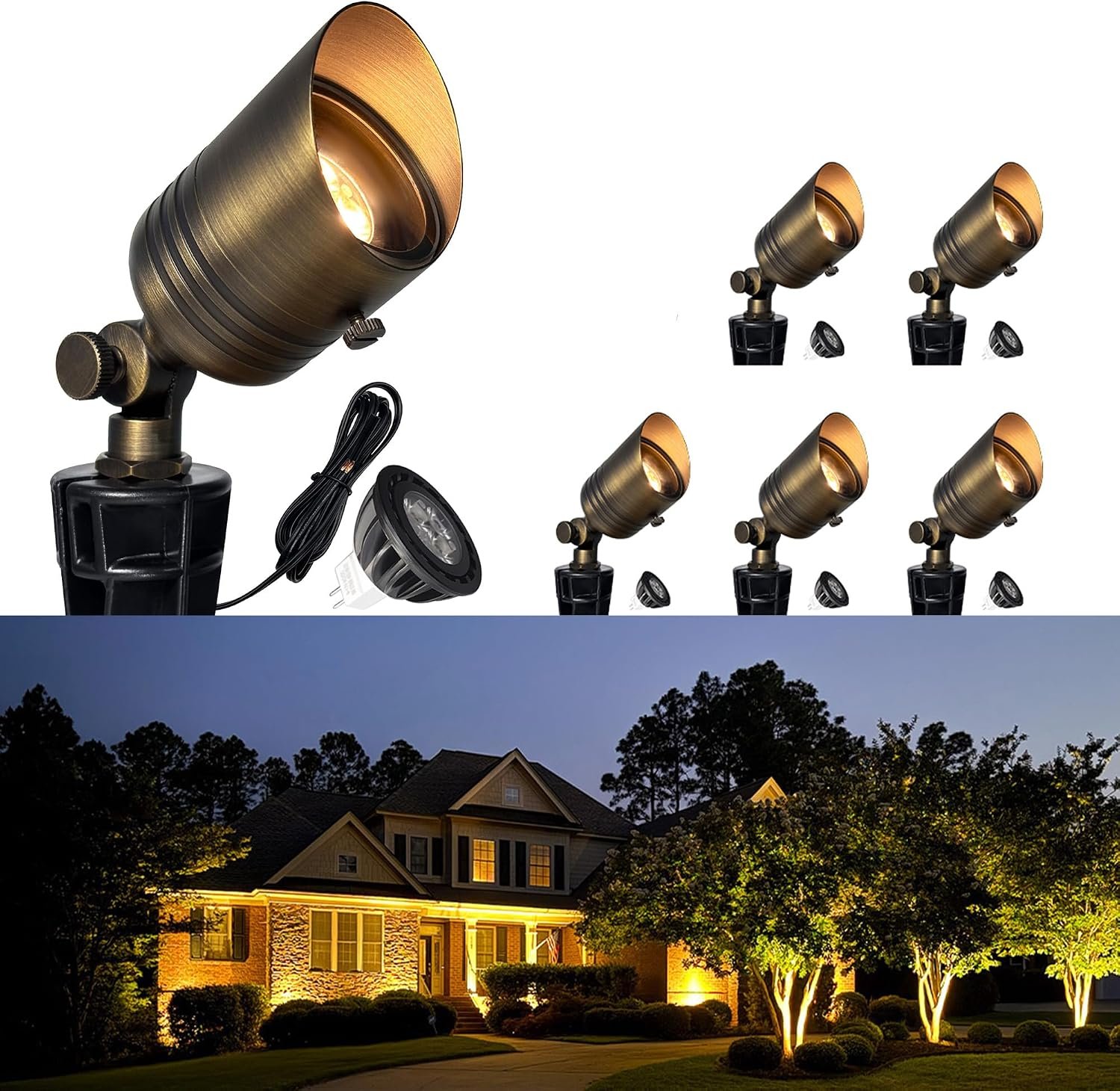 COLOER Brass Outdoor Spotlights,12V LED Low Voltage Landscape Lighting with 5W 2700K Aluminum MR16 Bulb, IP65 Waterproof Landscape Spot Lights for Yard,Garden,Tree, Small Size (6 Pack with Bulb)