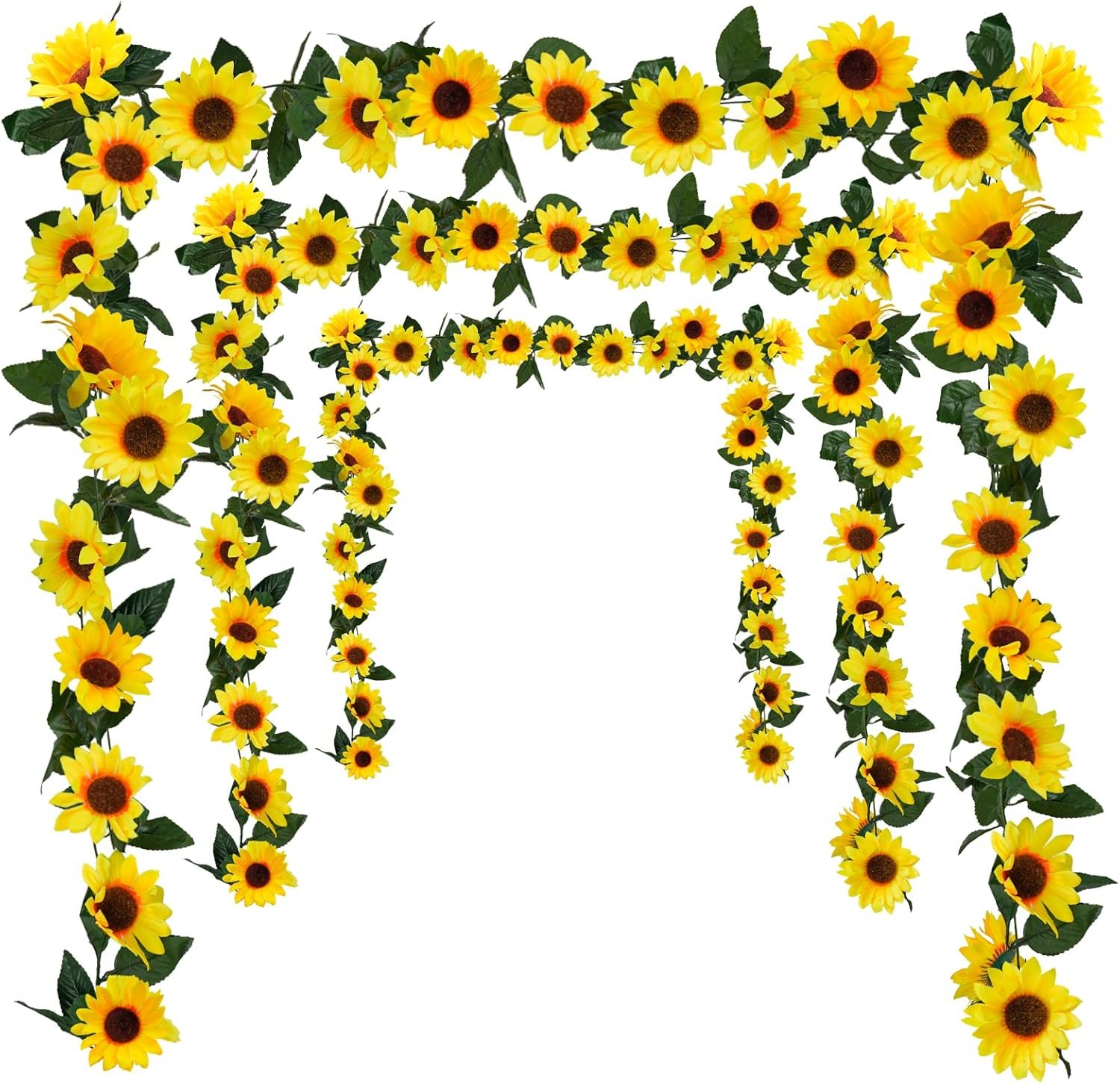Uieke 3 Pack Artificial Sunflower Garland, 7.5ft/Strand Silk Sunflowers Hanging Vines Flowers with Green Leaves for Room Kitchen Garden Birthday Wedding Baby Shower Party Table Decor Large