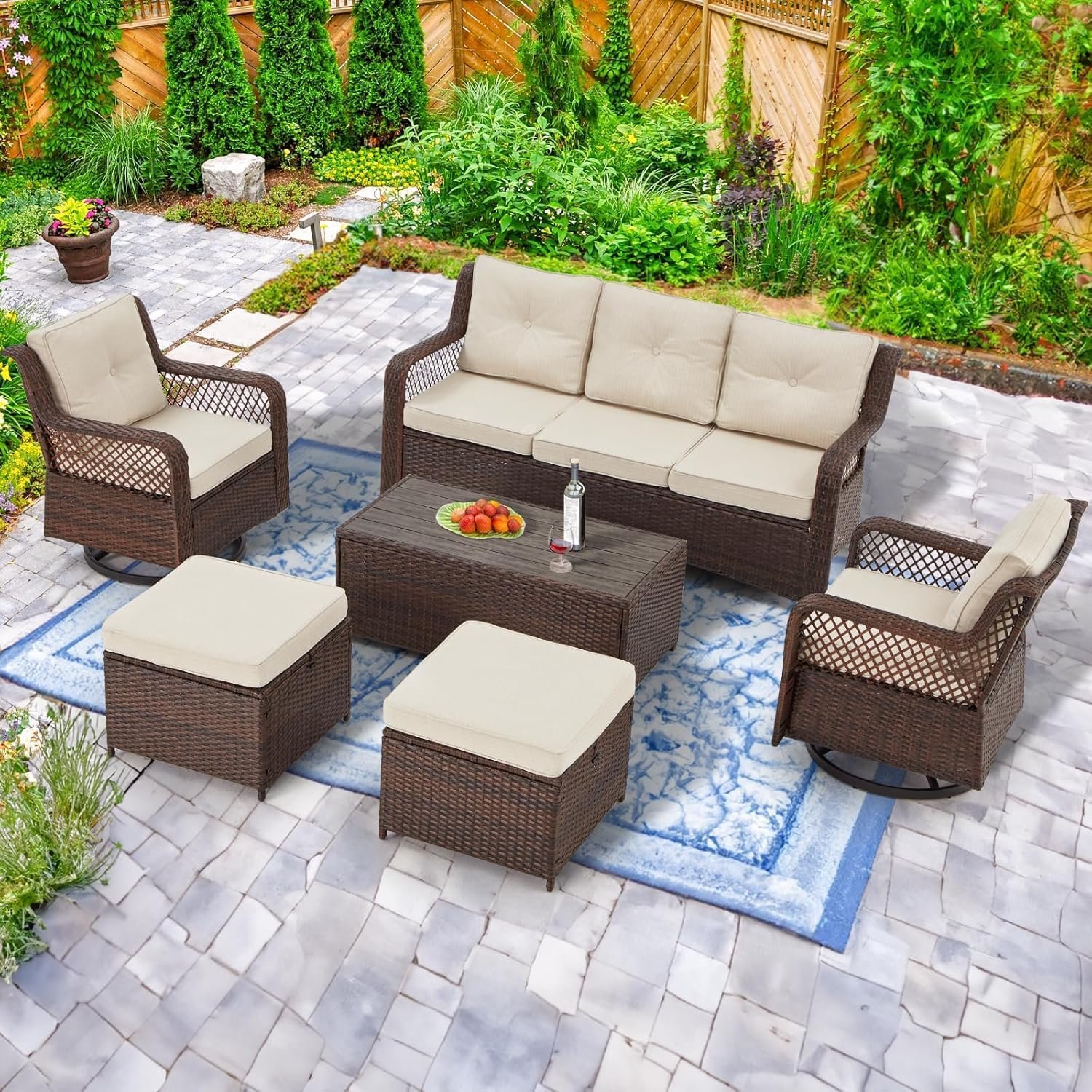 6 Pieces Wicker Patio Furniture Set Conversations Sets, 2 Outdoor 360° Swivel Chairs, Patio Swivel Chair with Table and Ottoman for Garden, Poolside, Backyard (Beige)
