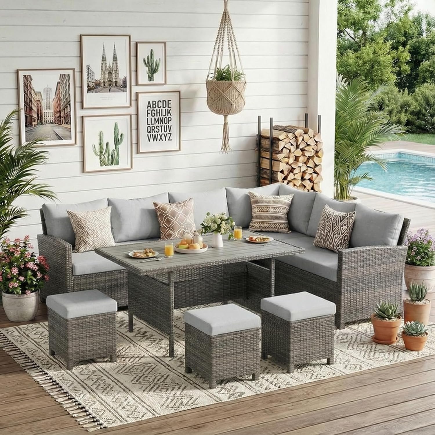 Wisteria Lane 7 Piece Patio Furniture Set, High Curved Back Wicker Outdoor Dining Set, All Weather Patio Sectional, Outdoor Furniture Patio Conversation Set with Ottoman, Ash Gray