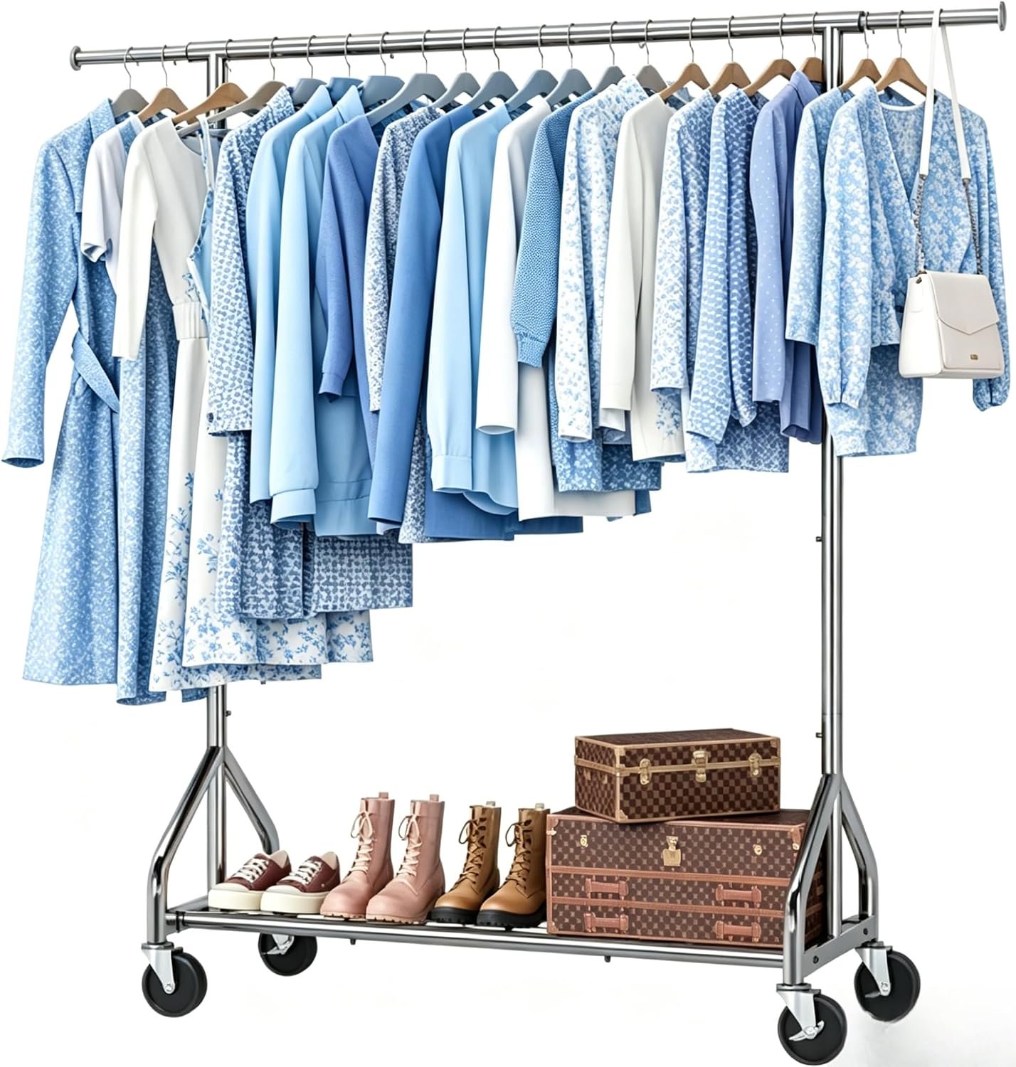 Simple Trending Heavy Duty Clothes Rack Load 450 LBS, Clothing Rack for Hanging Clothes, Garment Rack with Wheels & Shelves, for the Bedroom, Laundry Room