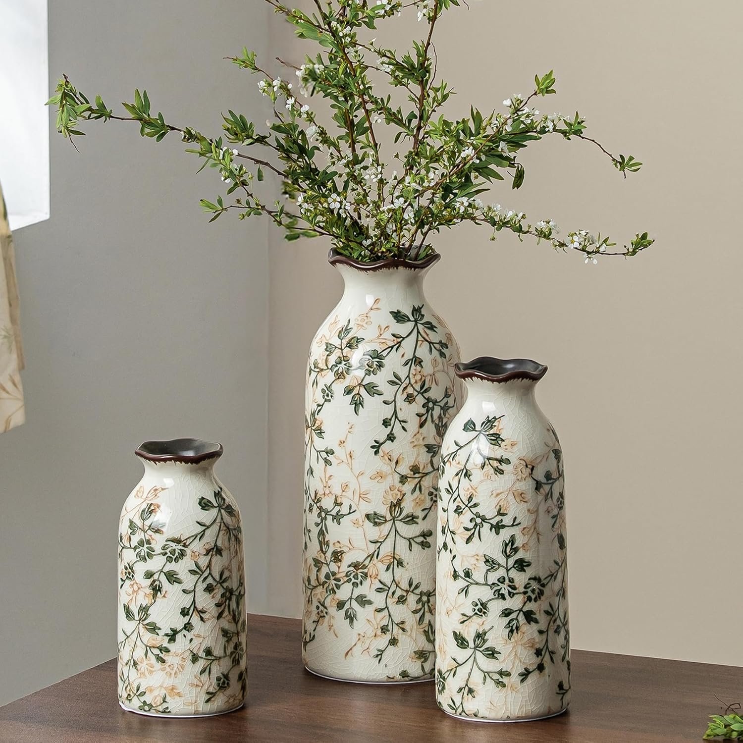 Ceramic Flower Vases Set of 3 | Green Rustic Farmhouse Vase Set for Home Decor, Vintage Floral Decorative Vase for Living Room & Kitchen, Mantel & Bookshelf, Centerpieces, Entryway(5.9+7.9+9.9Inch)