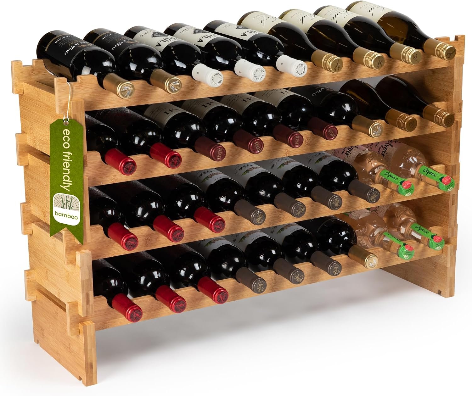 DECOMIL – 36 Bottle Large Wine Rack, Stackable & Modular Wine Storage Rack, Solid Bamboo Wine Holder Display Shelves, Wobble-Free (Four-Tier, 36 Bottle Capacity)