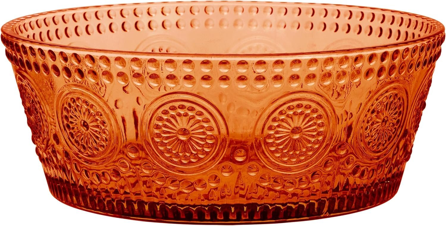 Boston International Vintage-Inspired Glass Serving Bowl with Embossed Floral Pattern for Salad Snacks Dinner, Large 7″ x 2.75″, Umber Codi