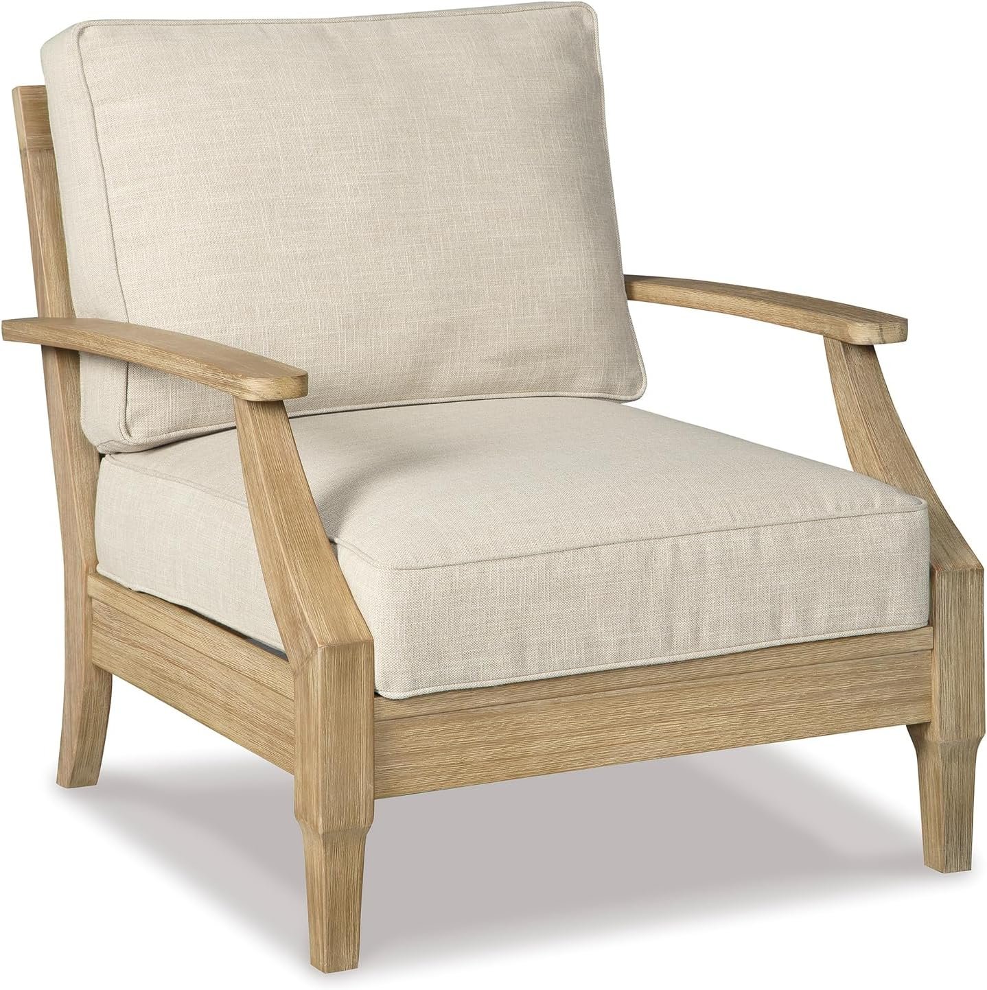 Signature Design by Ashley Clare View Outdoor Lounge Chair, Eucalyptus Wood Frame, 5-Step Protective Finish, Nuvella Fabric Cushions for Patio Seating, 30″ W x 35″ D x 32″ H, Beige