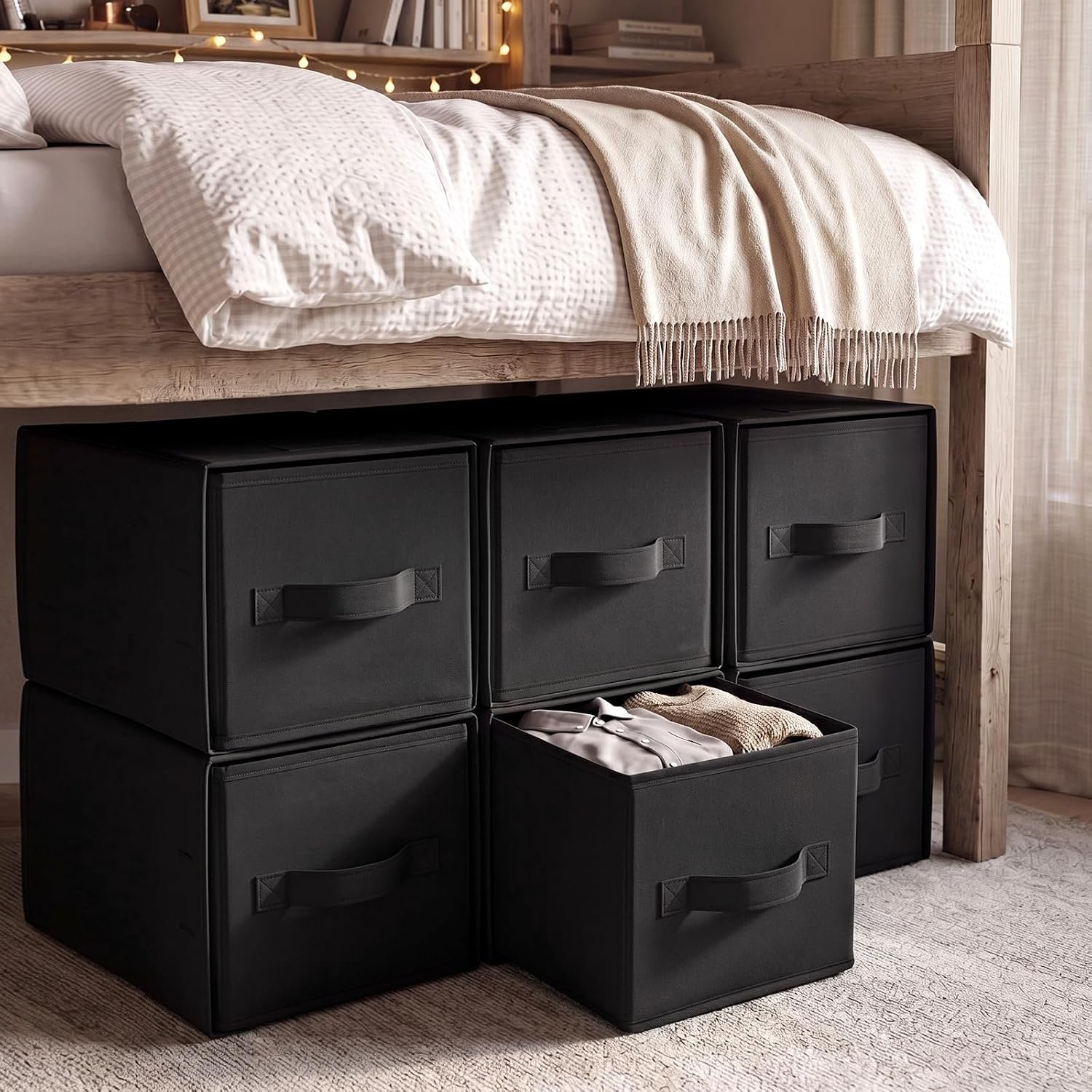 Weysat 6 Pack Large Dorm Stackable Drawers Dorm Essential Under Bed Storage Collapsible Closet Organizer with Drawers Shelf Storage Fabric, Clothes, Towels for College Bedroom Living Room(Black)