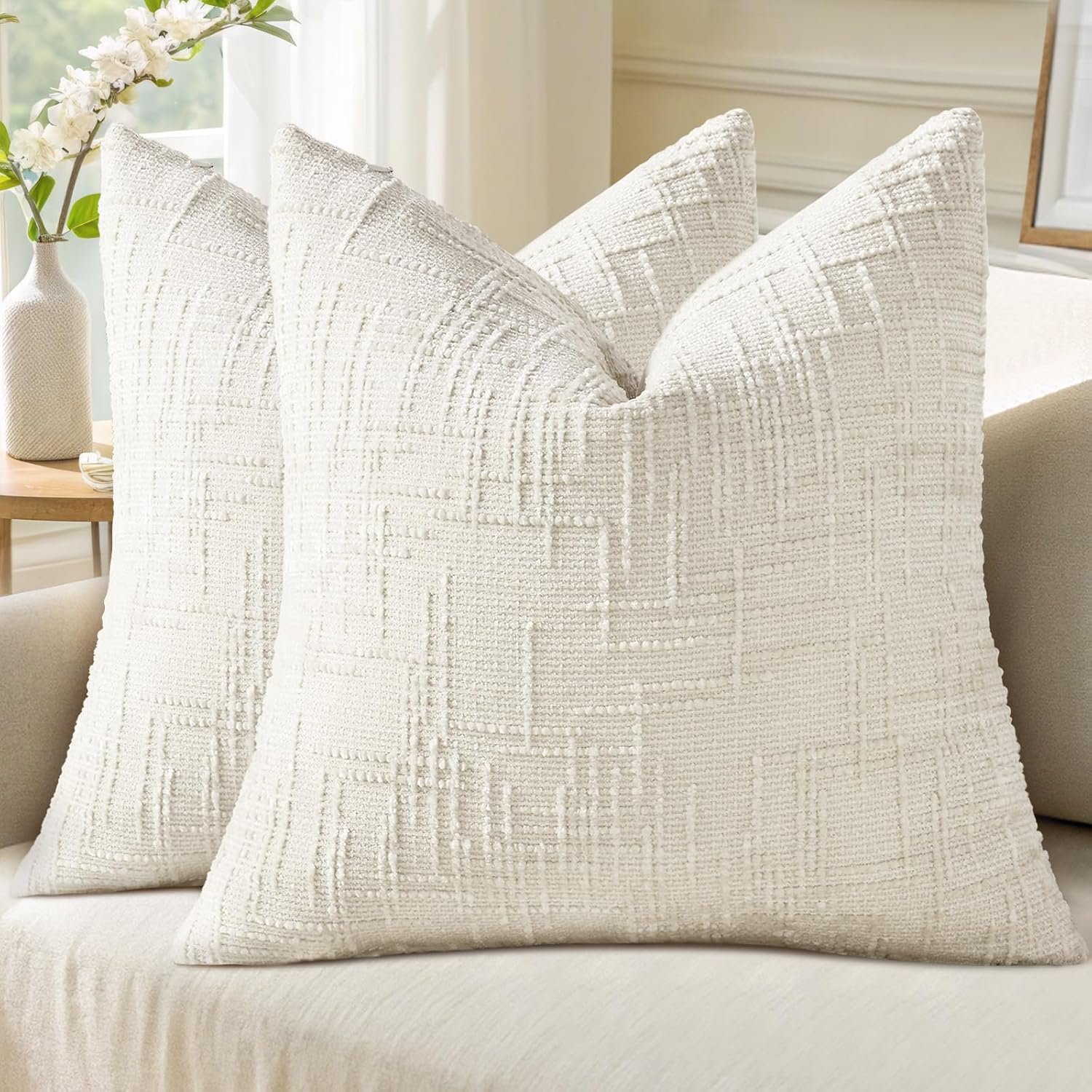 decorUhome Fall Cream White Chenille Throw Pillow Covers 18×18 Set of 2 Textured Soft Cozy Slubby Couch Pillow Covers Modern Farmhouse Boho Decorative Pillow Cases for Bed Sofa Living Room