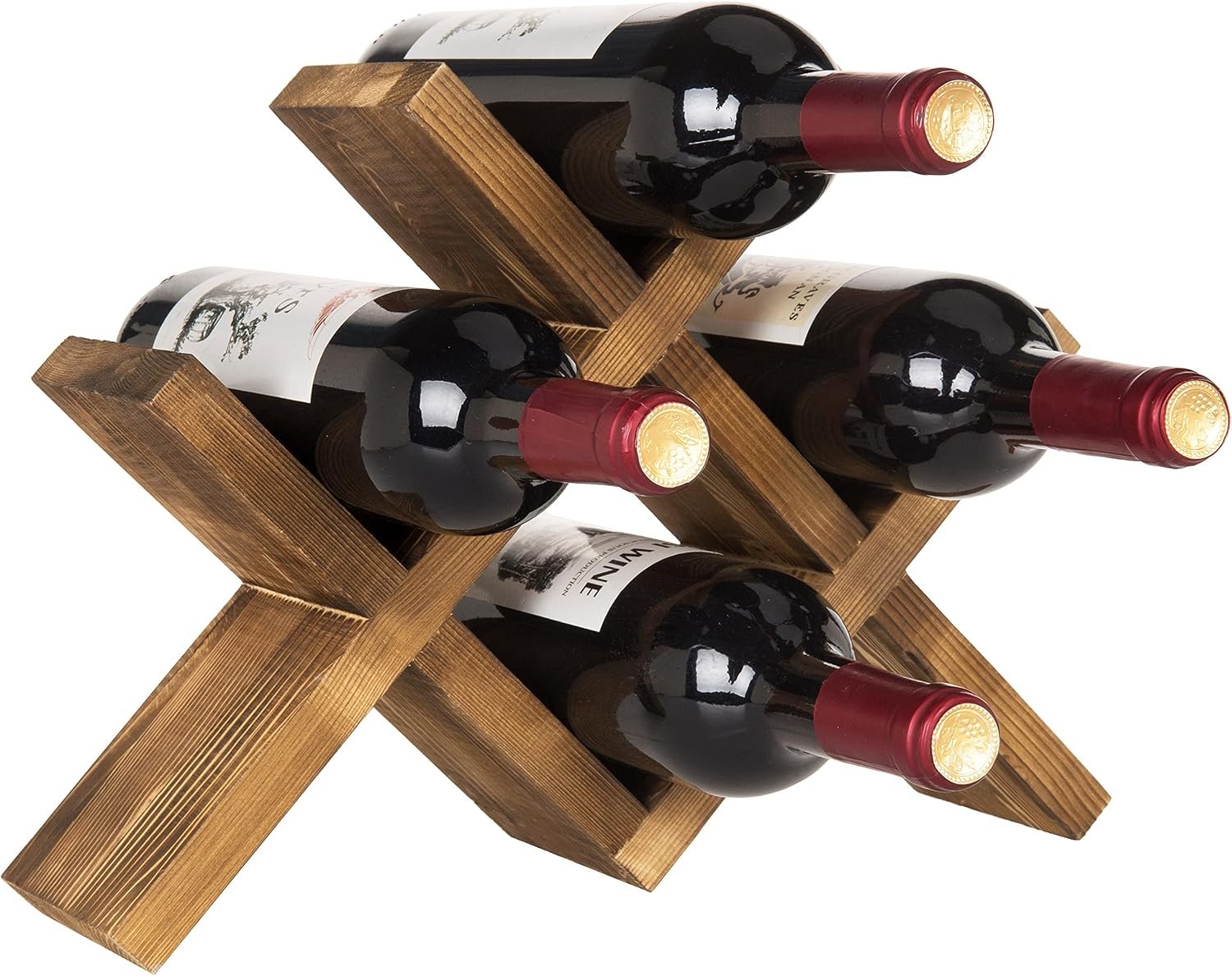 MyGift 4-Bottle Rustic Brown Wood Wine Rack for Countertop – Brushed Country Rustic Style, Compact Storage for Kitchen, Bar, Dining Room (Holds 750ml Bottles)