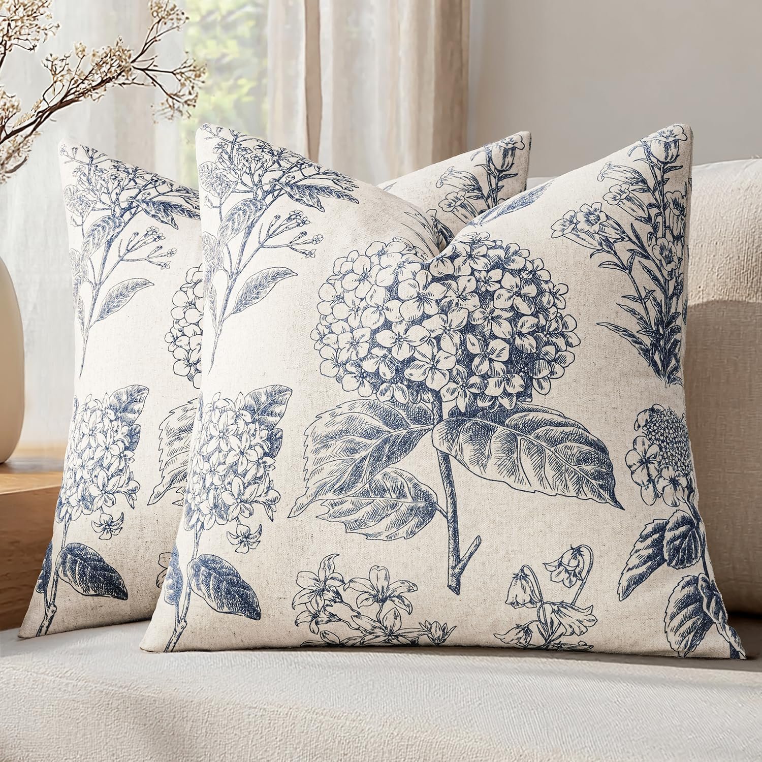 Set of 2 Decorative Floral Neutral Pillow Covers 18×18 Inch Light Blue Hydrangea Print Outdoor Boho Vintage Throw Cushion Covers for Sofa Couch Porch Bedroom Living Room Summer Home Decor