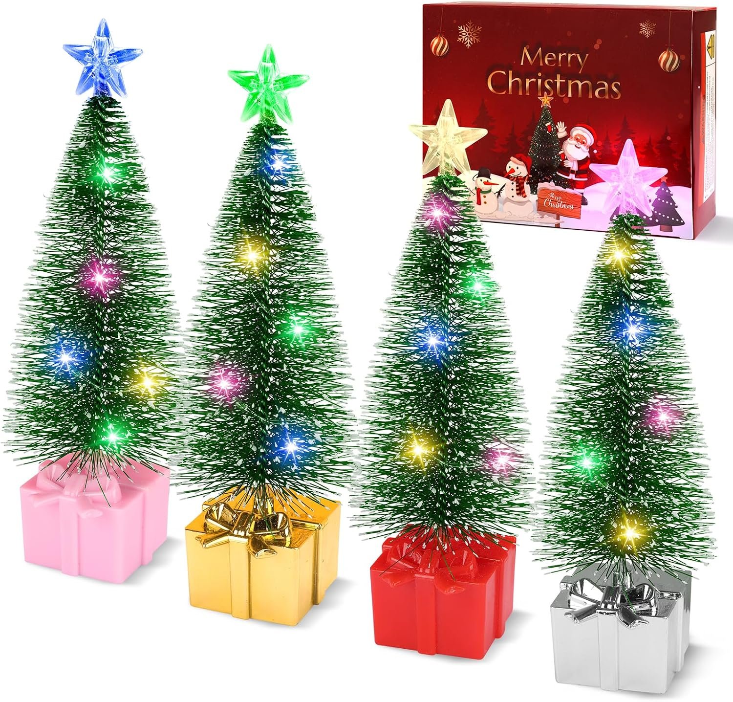 Mini Christmas Tree with Lights, 4 Pack Tabletop Christmas Tree with LED Lights for Indoor Christmas Decorations Holiday Party Ornagment, Christmas Centerpieces for Tables New Year Decoration(4)