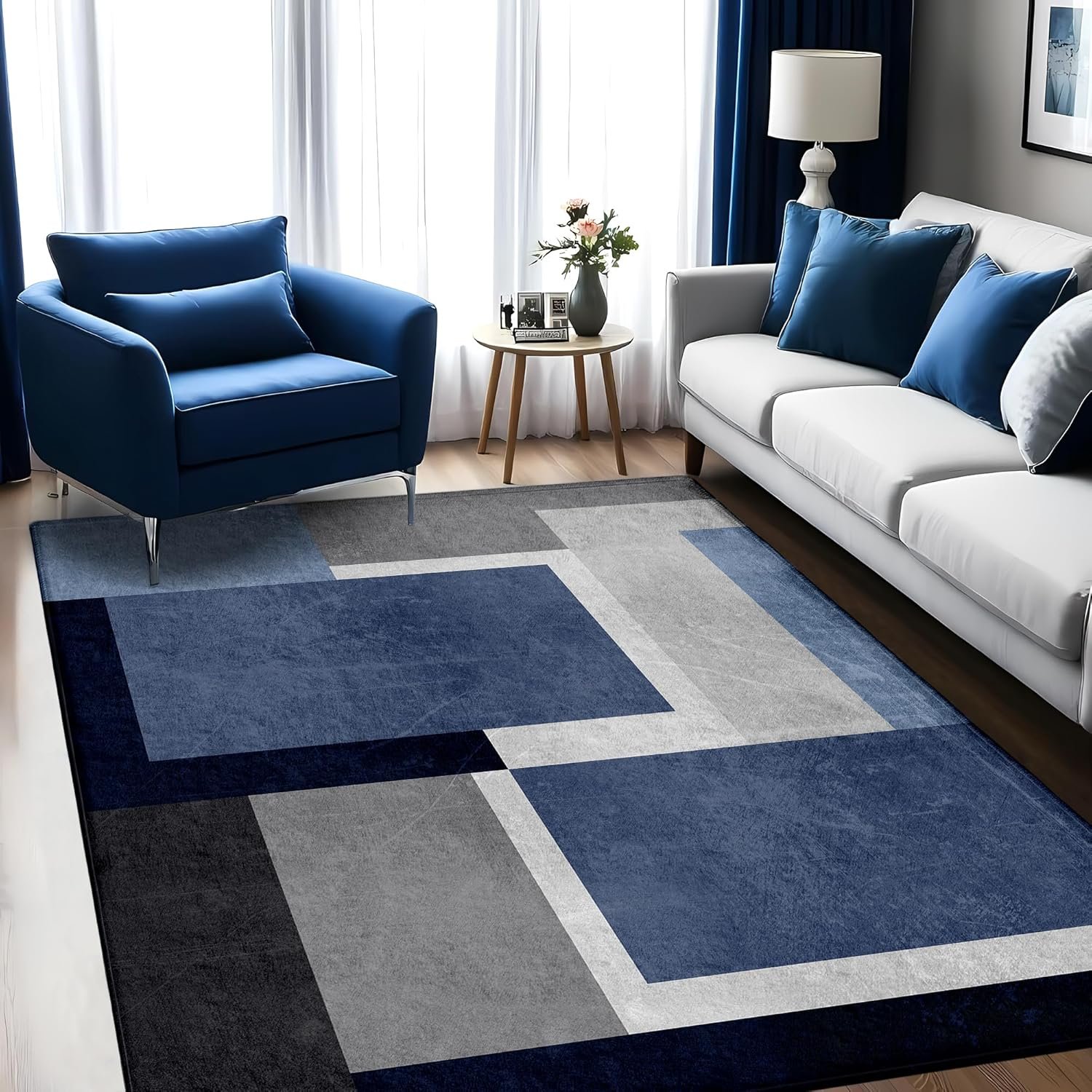 Washable Low-Profile Geometric Area Rug, 0.2 inch Thin Abstract Rug Design for Living Room & Bedroom Decor, 5×7 ft Blue Grey Modern Non-Slip Floor Rug
