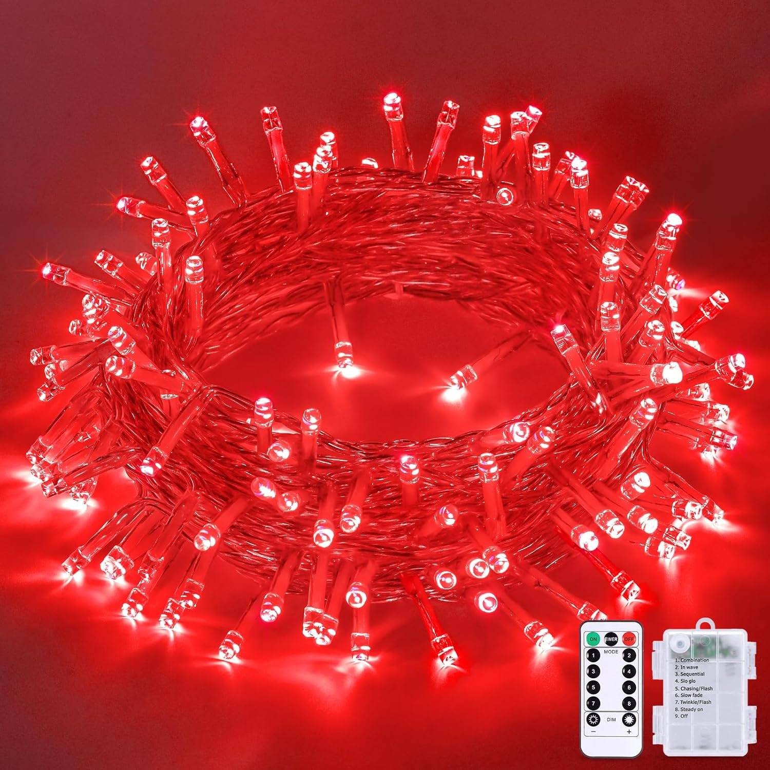 JMEXSUSS 33ft 100 LED Red Battery Operated Lights with Remote, Valentine Lights Battery Operated, Christmas String Light Indoor Outdoor for Valentine’s Day Tree House Yard Xmas Decor