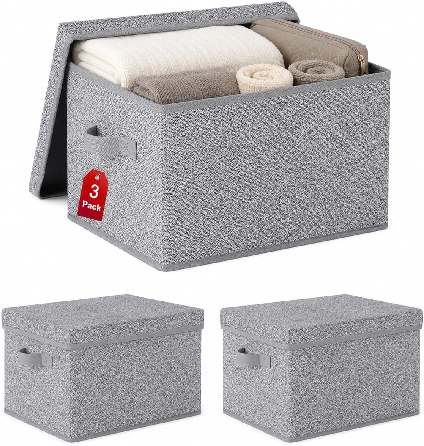 WUIKE Foldable Storage Bins with Lids, Storage Boxes with Handles, Closet Shelf Organizer, Fabric Storage Baskets for Bedroom, Decorative Storage Containers, Large, Ash Gray, 3-Pack