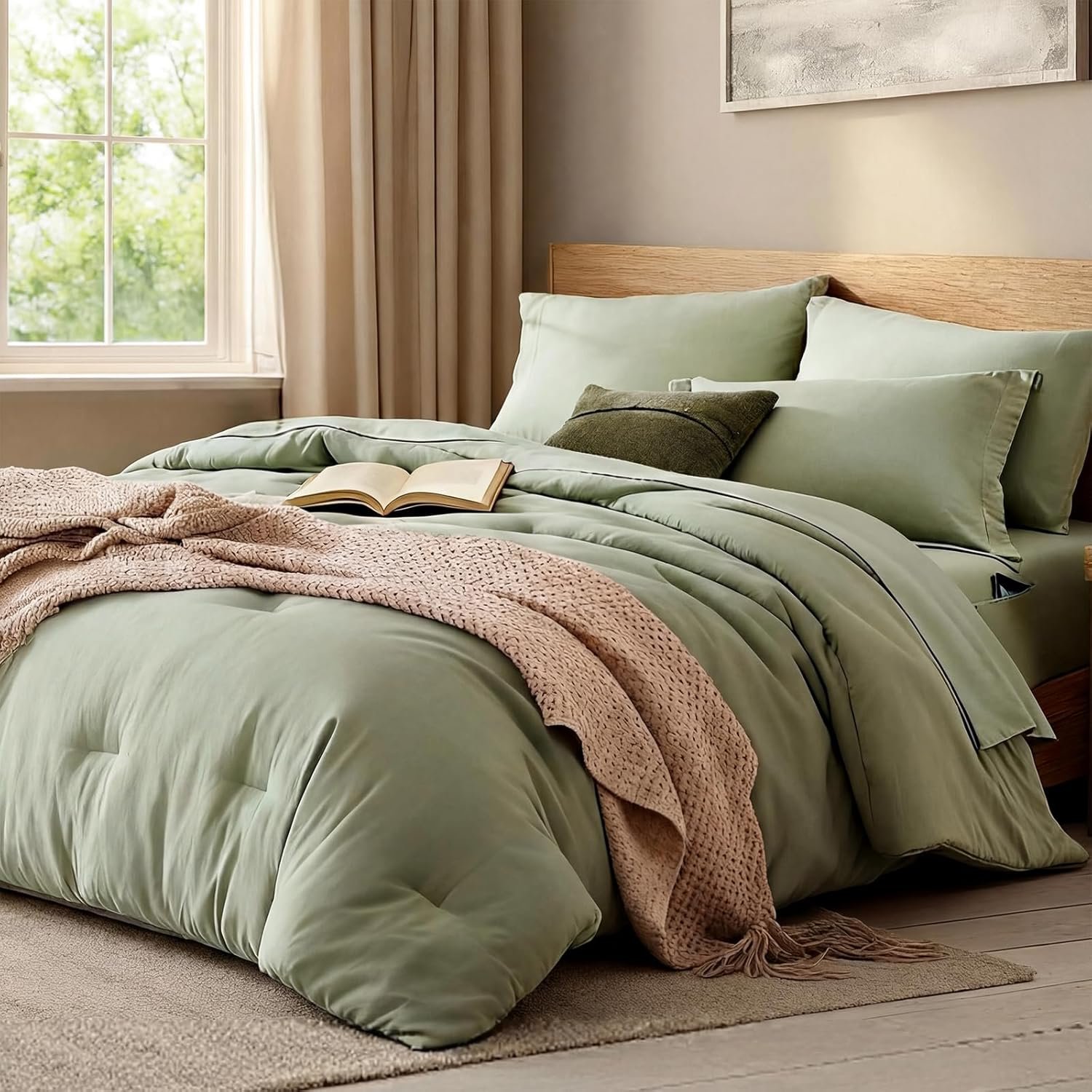 WRENSONGE Queen Comforter Set – 7 Pieces Sage Green Soft Bed in a Bag Queen with Fitted Sheet, Flat Sheet, 2 Pillow Shams, and 2 Pillowcases- Queen Bedding Sets for All Season