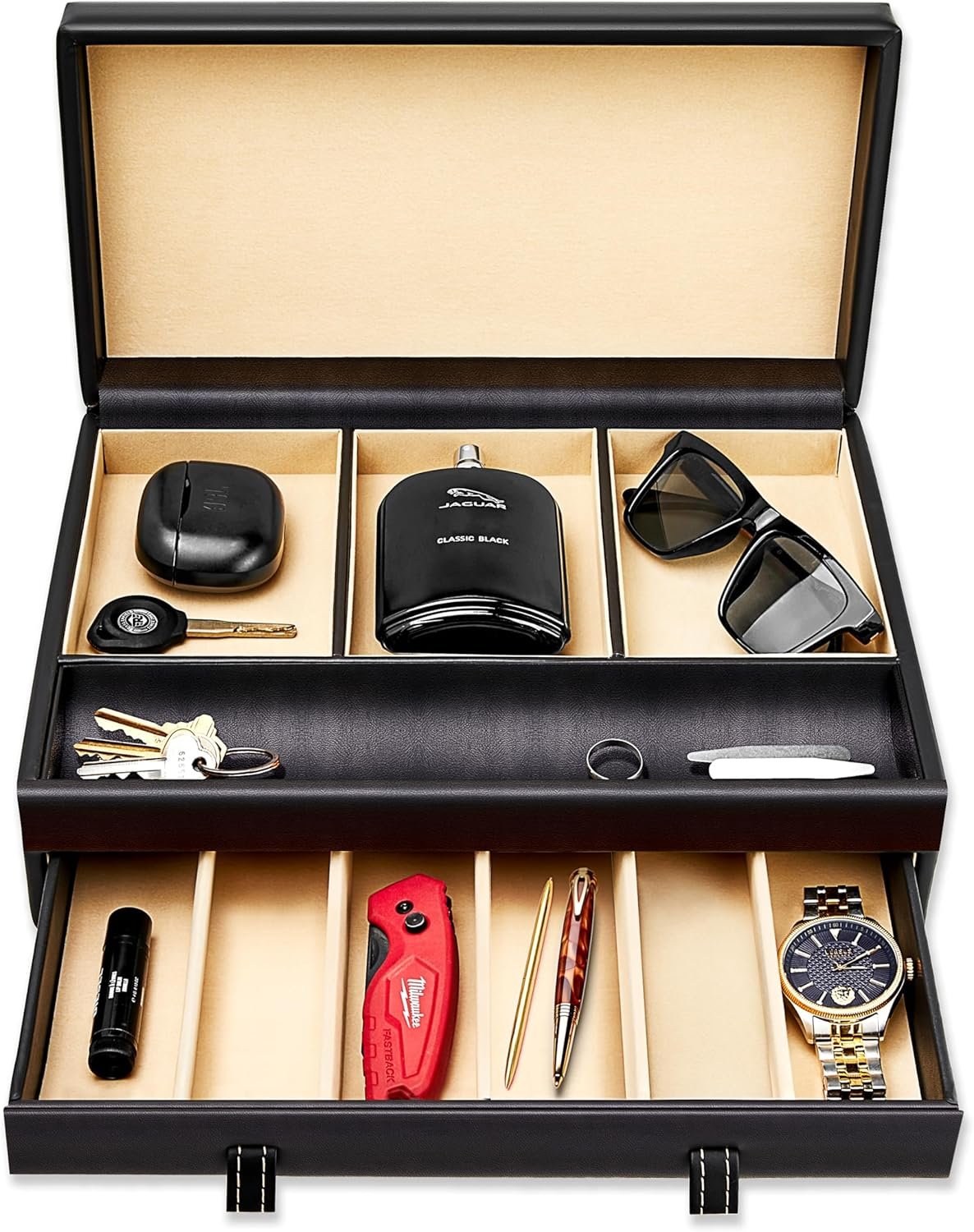 Stock Your Home Mens Valet Tray, Men’s Jewelry Box, Night Stand Organizers and Storage, Bedside Table Organizer, Watch Box for Dresser, Faux Leather (Black & Beige)