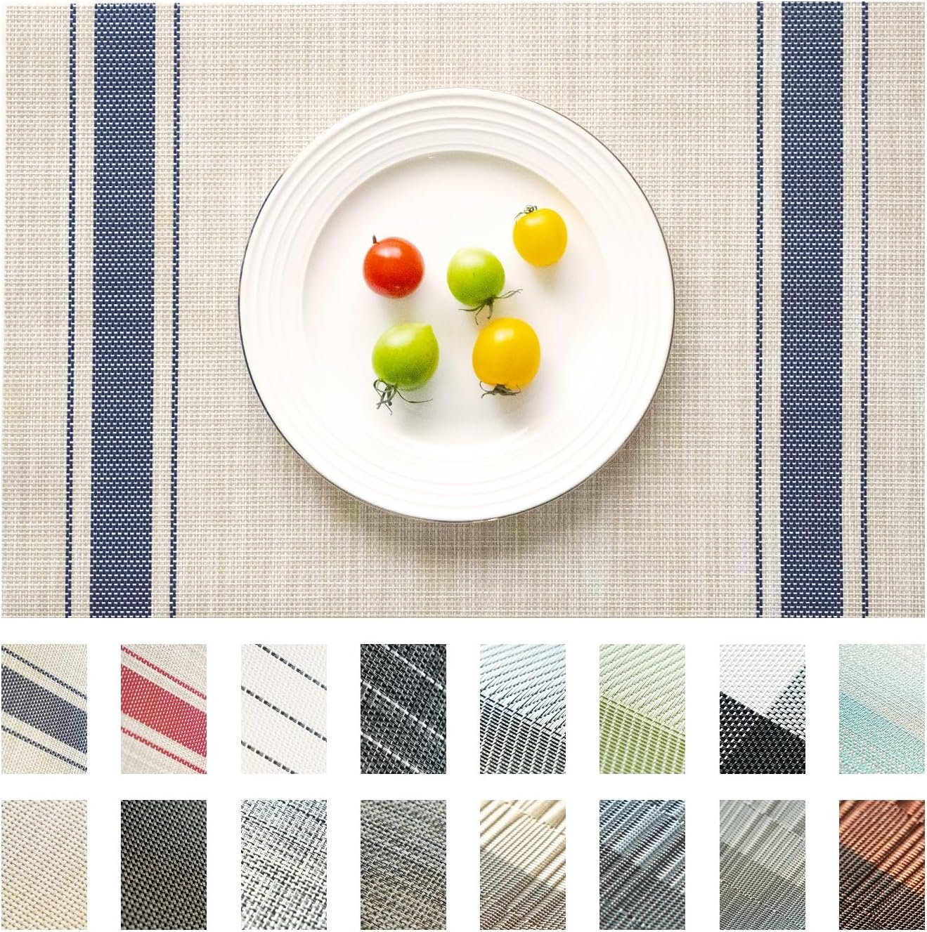 Placemats Set of 4 Vinyl/Plastic Woven Place Mats for Kitchen Table Indoor/Outdoor Washable Placemat Wipeable Dining Table Mats (Khaki Blue,4)