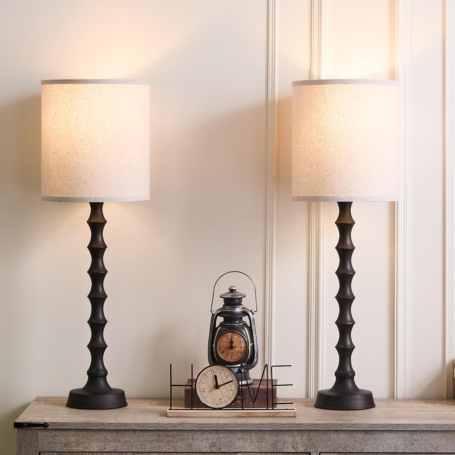 EUO 30.5″ Rustic Buffet Table Lamps for Living Room Set of 2, Farmhouse Table Lamps for Buffet Set of 2, Oil Rubbed Bronze Candlestick Lamp with Linen Oatmeal Lampshade, Vintage Tall Skinny Lamp