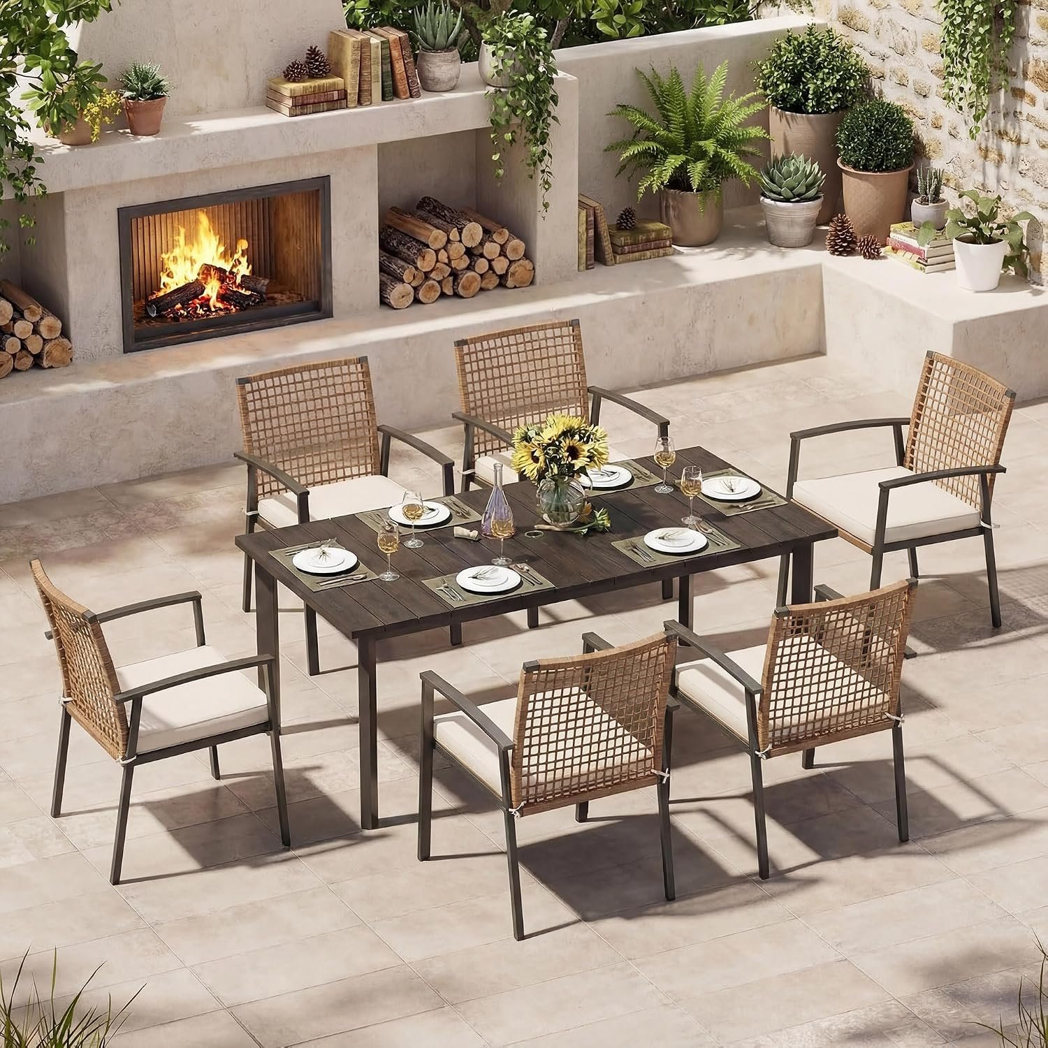EO Living 7 Pieces Patio Dining Set, Outdoor Furniture Set of 6 Chairs with Soft Cushion and Rectangular Table with Umbrella Hole, Outdoor Dining Set for Backyard, Garden and Poolside