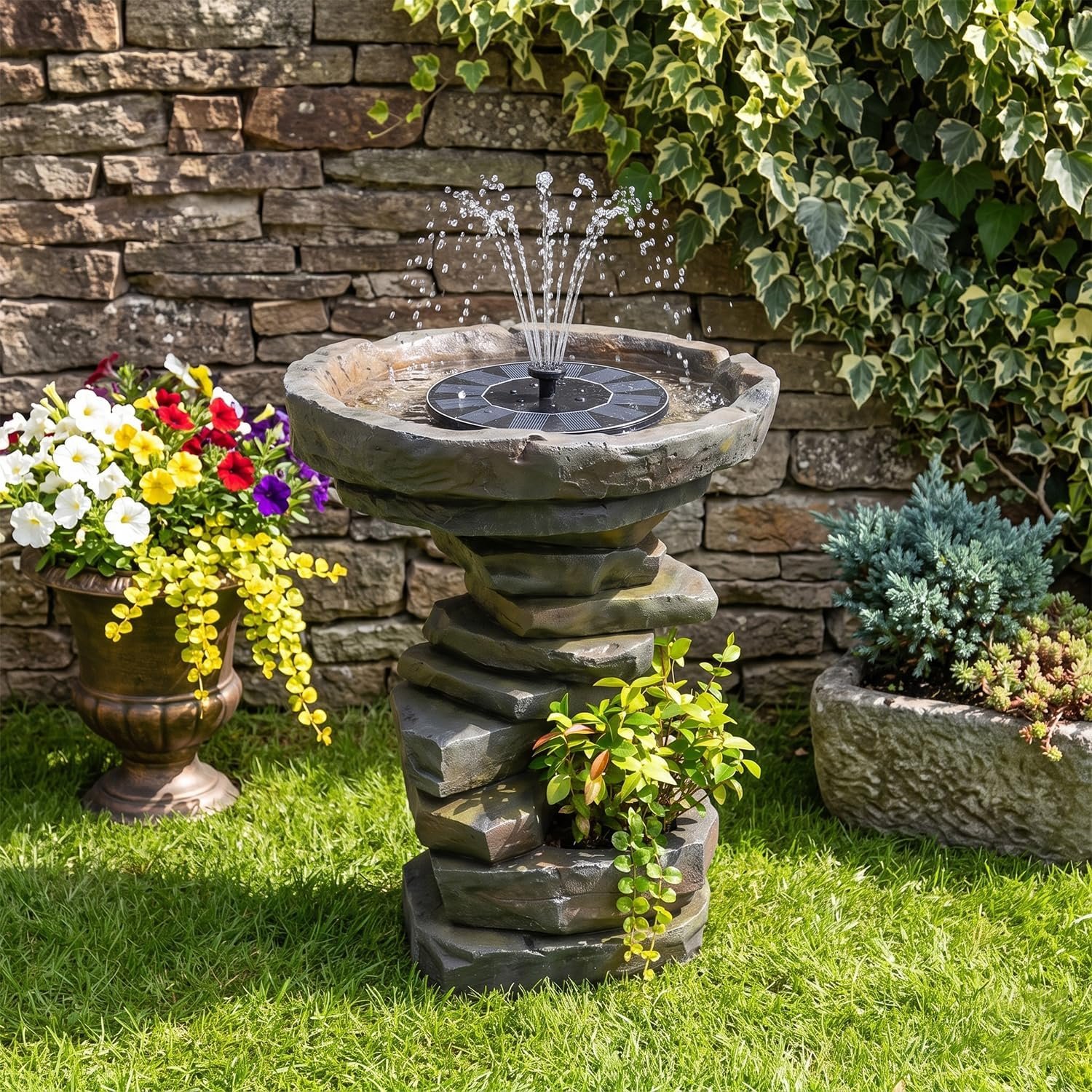 Sunlinua 24H Outdoor Water Fountain with LED Lights Bird Bath Garden Fountain for Patio Yard Weather-Resistant Bird Bath Feature with Solar Pump Elegant Backyard Décor