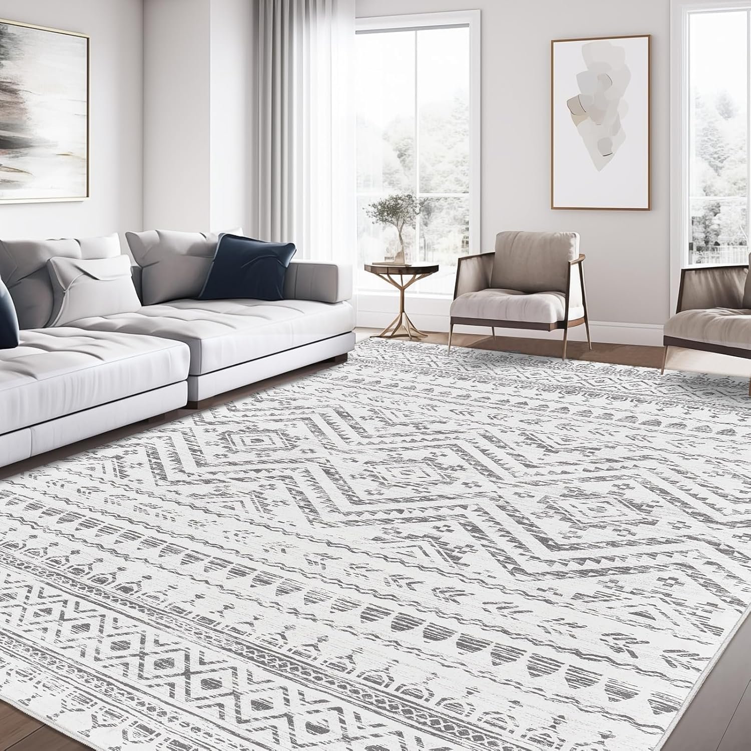 Miukiki 8×10 Area Rug for Living Room Moroccan Washable Rugs Non Slip Indoor Floor Carpet Foldable Large Soft Area Rug for Dining Room Bedroom with Low Pile(Grey,8’x10′)