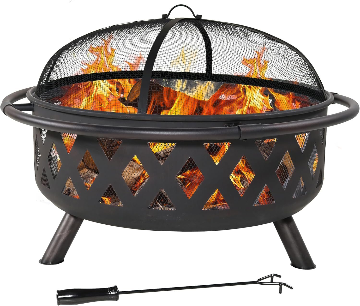 Sunnydaze Crossweave Outdoor Fire Pit – Wood-Burning Fire Pit for Outside with Spark Screen, Poker and Round Cover – Steel Patio Firepit for Backyard, Deck, Porch – 36-Inch – Black