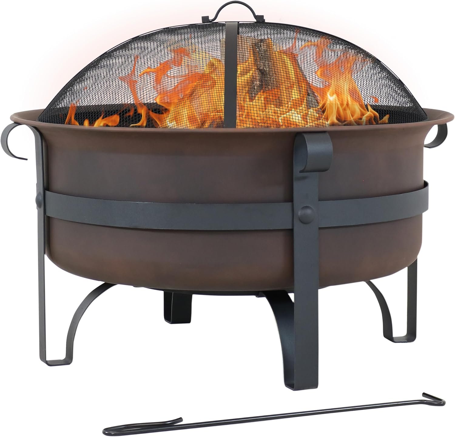 Sunnydaze Cauldron Wood-Burning Outdoor Fire Pit for Patio and Backyard – Round Steel Outside Firepit Bowl with Cover, Removable Ash Pan, Spark Screen, and Poker Tool – Dark Bronze Finish – 29-Inch