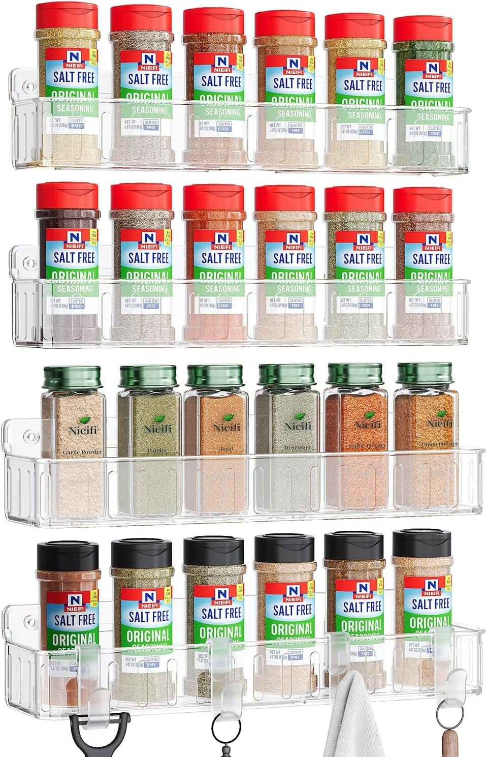 Nieifi Spice Rack Wall Mount, 4 Pack, Clear, 2 Inch Depth, Screw or Adhesive Installation, Spice Rack Organizer for Small Spice Jars, Suitable for Kitchen Cabinet or Pantry Door