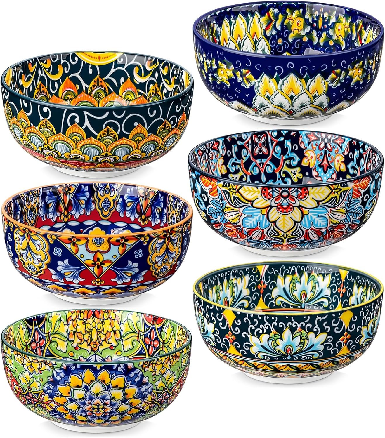 vancasso Cereal Bowls Set of 6, Bohemian Ceramic Soup Bowls, 28 oz Colorful Bowls Set for Kitchen, Dishwasher & Microwave Safe for Salad, Pasta, Rice, Oatmeal, Fruit