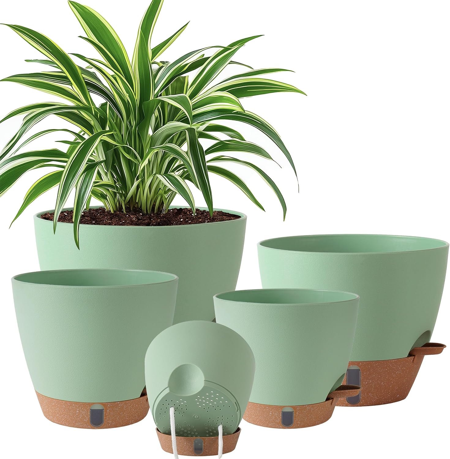 Self Watering Pots for Inoor Ourdoor Plants 10/9/8/7/6.5 Inch Plastic Planters with Drainage Holes & Water Level Indicator, Decorative House Flower Nursery Planting Pots with Saucers(Green)