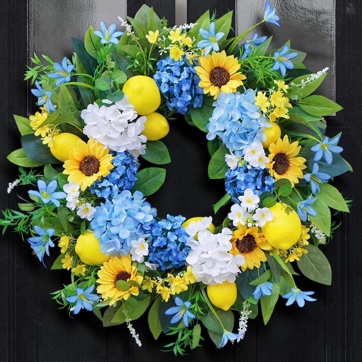 24in Spring Summer Wreaths for Front Door, Artificial Sunflower Lemon Wreath with Blue Hydrangeas, Luxury Colorful Floral Wreath for Indoor Outdoor Farmhouse Home Wall Porch Window Summer Wreath