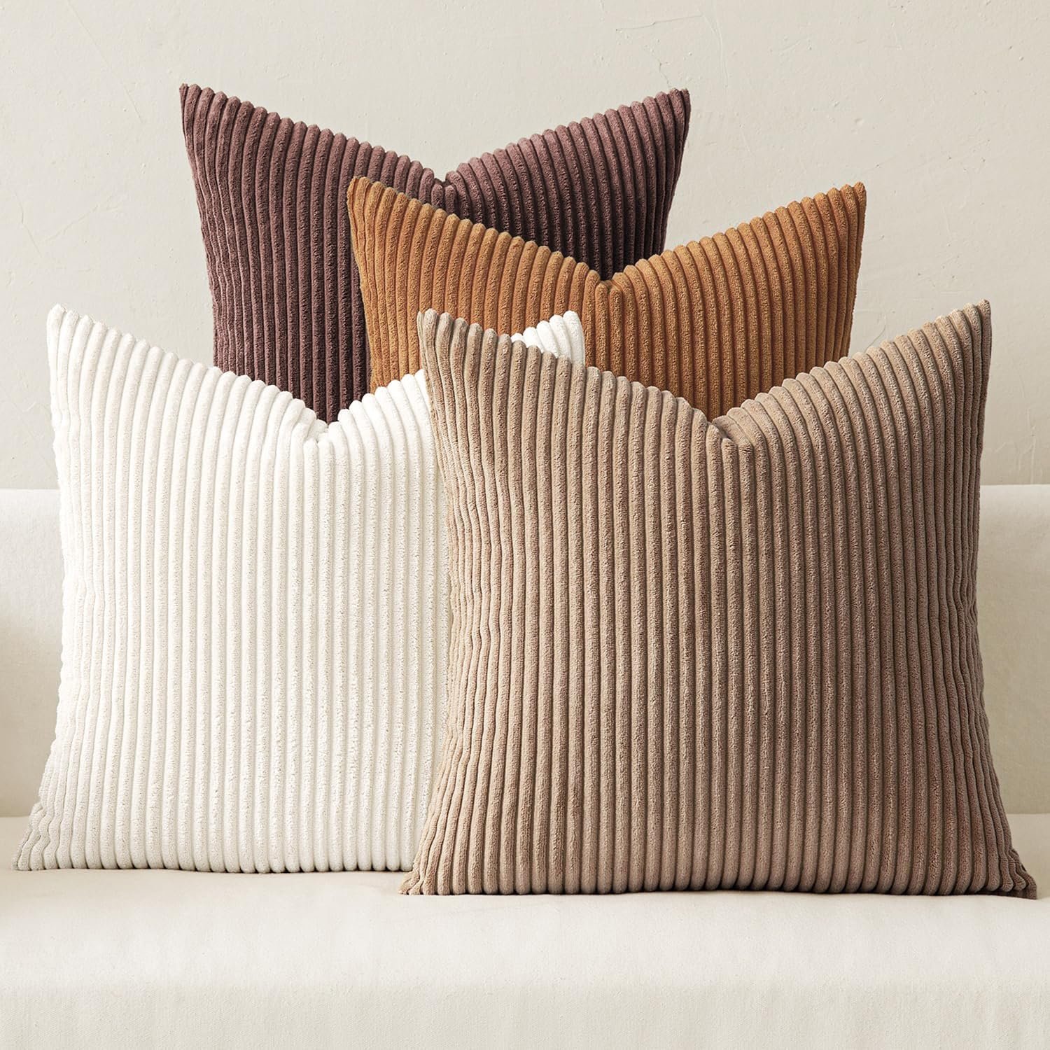 MIULEE Boho Farmhouse Throw Pillow Covers 18×18 Inch Set of 4 Rustic Mordern Neutral Cushion Covers Soft Corduroy Nordic Home Decor for Couch Bed Sofa Living Room Brown