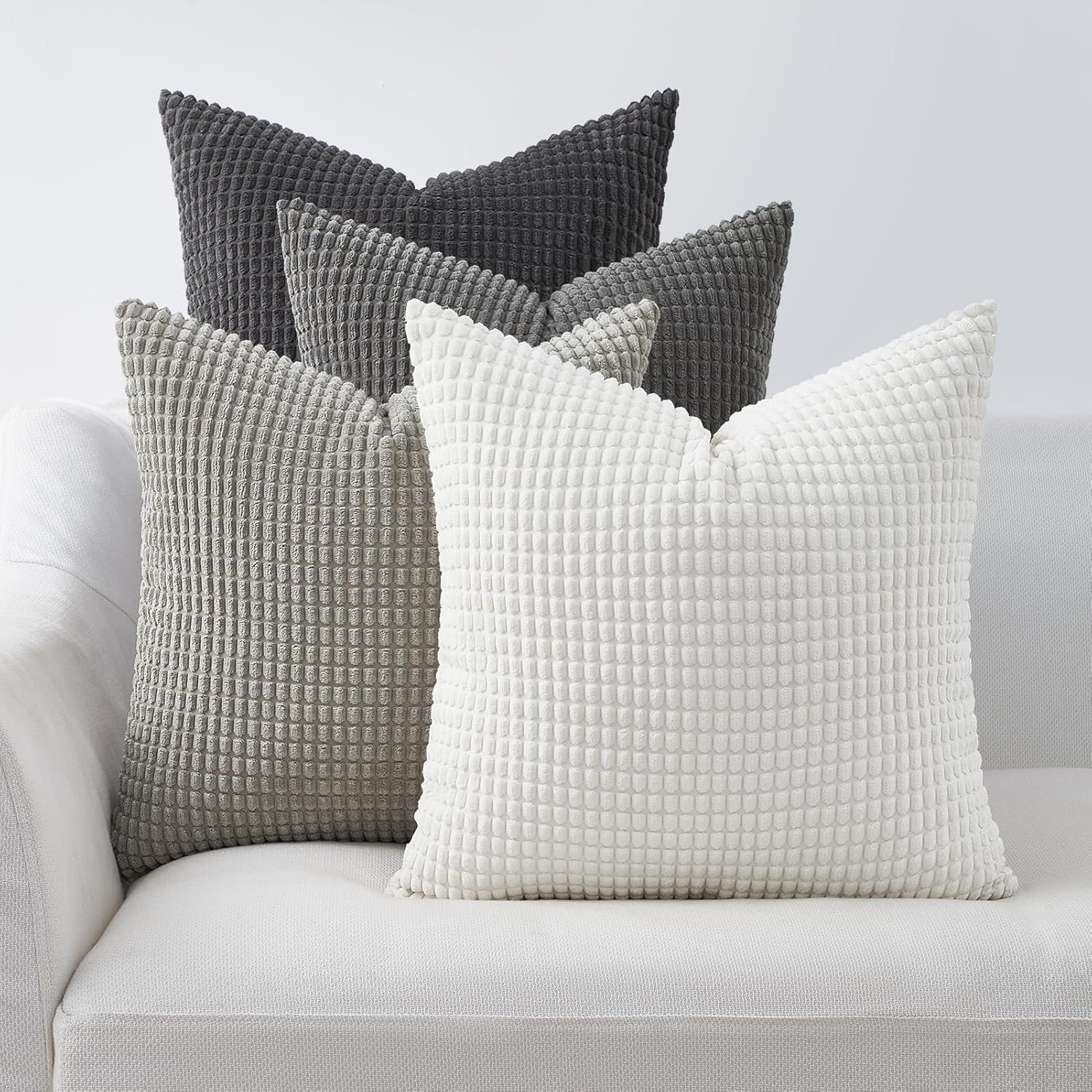 Topfinel Grey Couch Pillow Covers for Living Room 45×45 cm Set of 4,Mid Century Modern White Neutral Corduroy Corn Throw Pillows,Rustic Square Bench Chair Cushion(18 Inch/Grey)