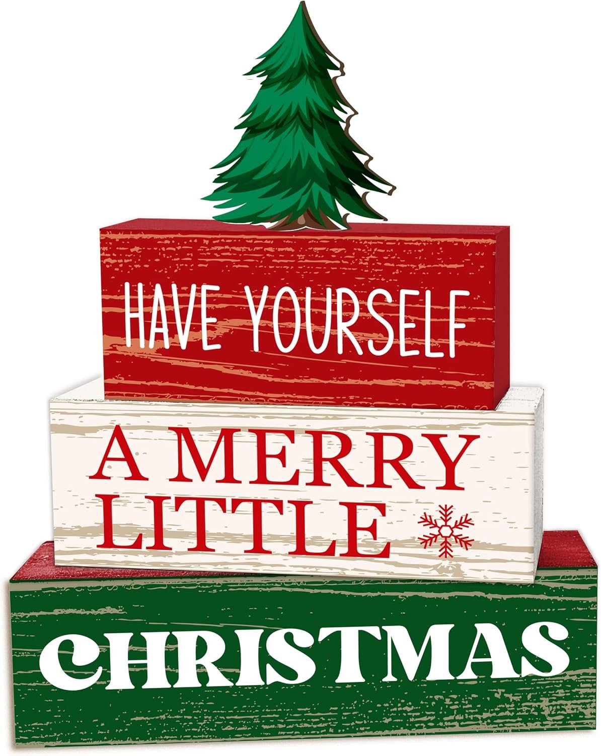 4 Pcs Xmas Tree Christmas Decor, Snowflake Table Decorations, Christmas Tiered Tray Desk Decor Gifts, Winter Wooden Xmas Stack Block Signs Table Centerpiece for Farmhouse Office -B05