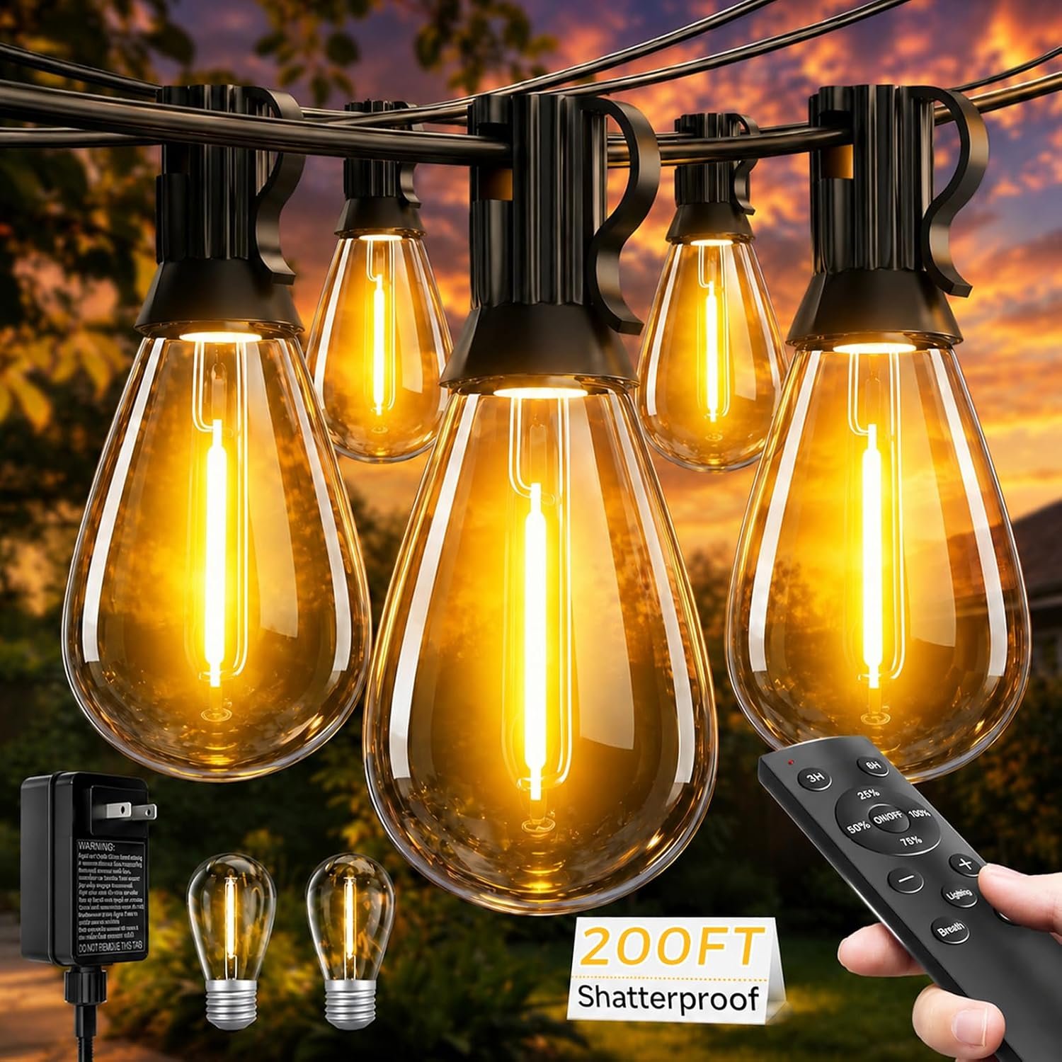 Tenmiro 200FT LED Outdoor String Lights with Remote, 72+2 Shatterproof Bulbs Dimmable Timing 3 Light Modes Outside Patio Lights for Backyard Porch Deck Garden Balcony Pool party Hanging Lighting Decor