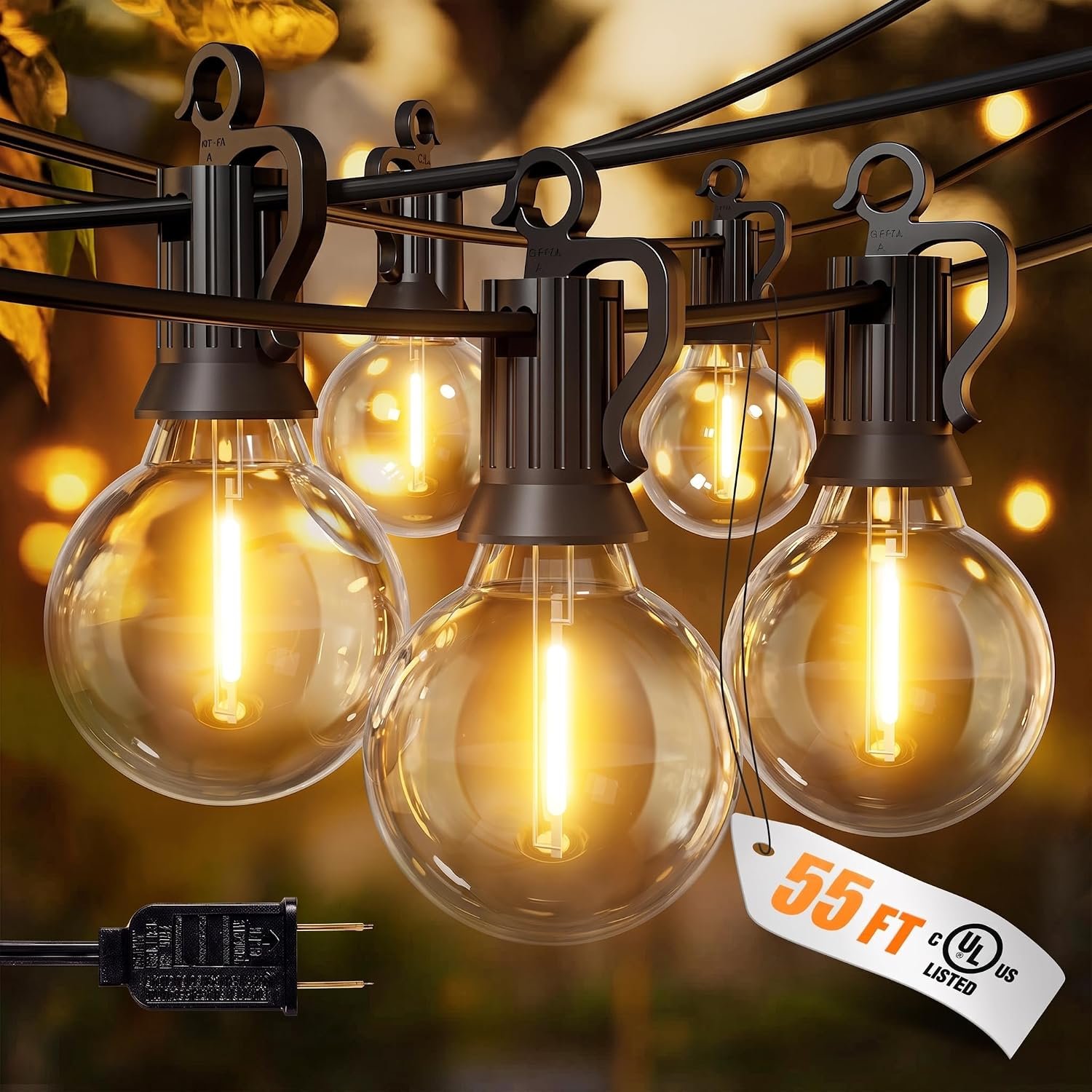 Brightown Outdoor String Lights, 50+5FT 25 G40 Bulbs Shatterproof Patio Lights, IP65 Waterproof Dimmable Hanging Connectable Globe LED Outdoor Lights for Christmas, Backyard, Bistro, Porch