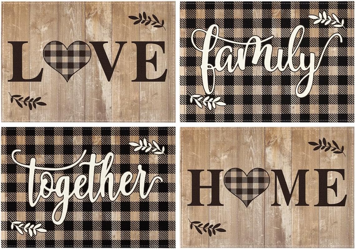 Artoid Mode Wood Love Family Home Together Buffalo Plaid Placemats Set of 4, 12×18 Inch Farmhouse Table Mats Party Kitchen Dining Decoration