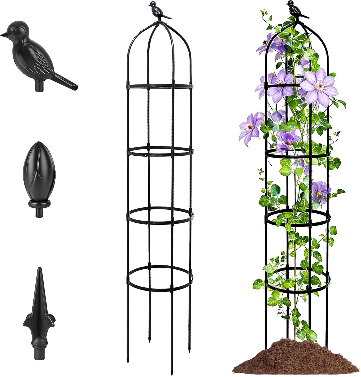 6FT Garden Obelisk Trellis for Climbing Plants,Adjustable 4-Tier Metal Plant Support,Rustproof Outdoor Plant Tower with 3 Decorative Tops for Roses,Tomatoes,Clematis & Vines,Black