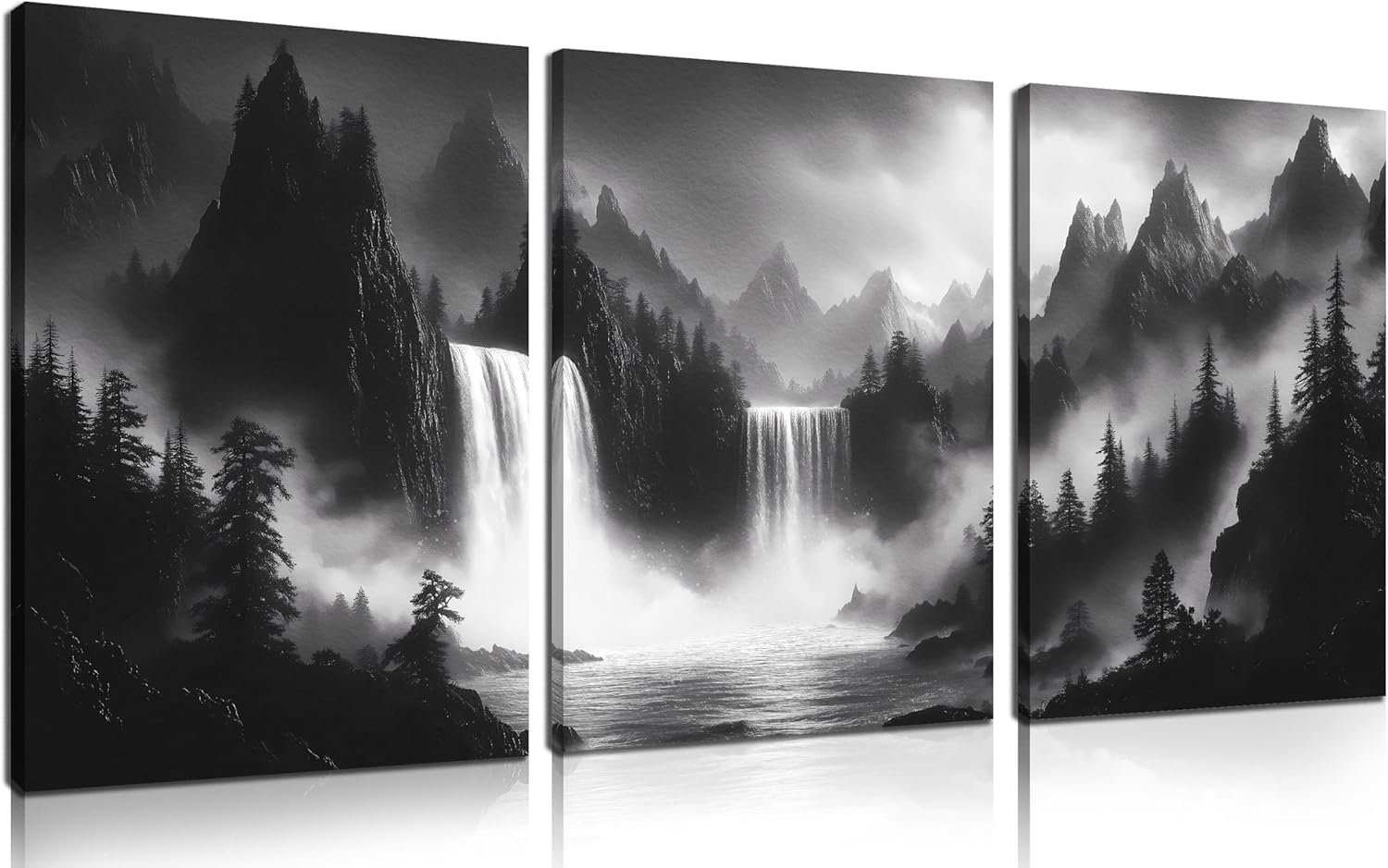 CIRABKY Foggy Forest Wall Art for Living Room – Mountains Canvas Wall Art for Office – Black and White 3 Piece Wall Decor Size 12″ x 16″