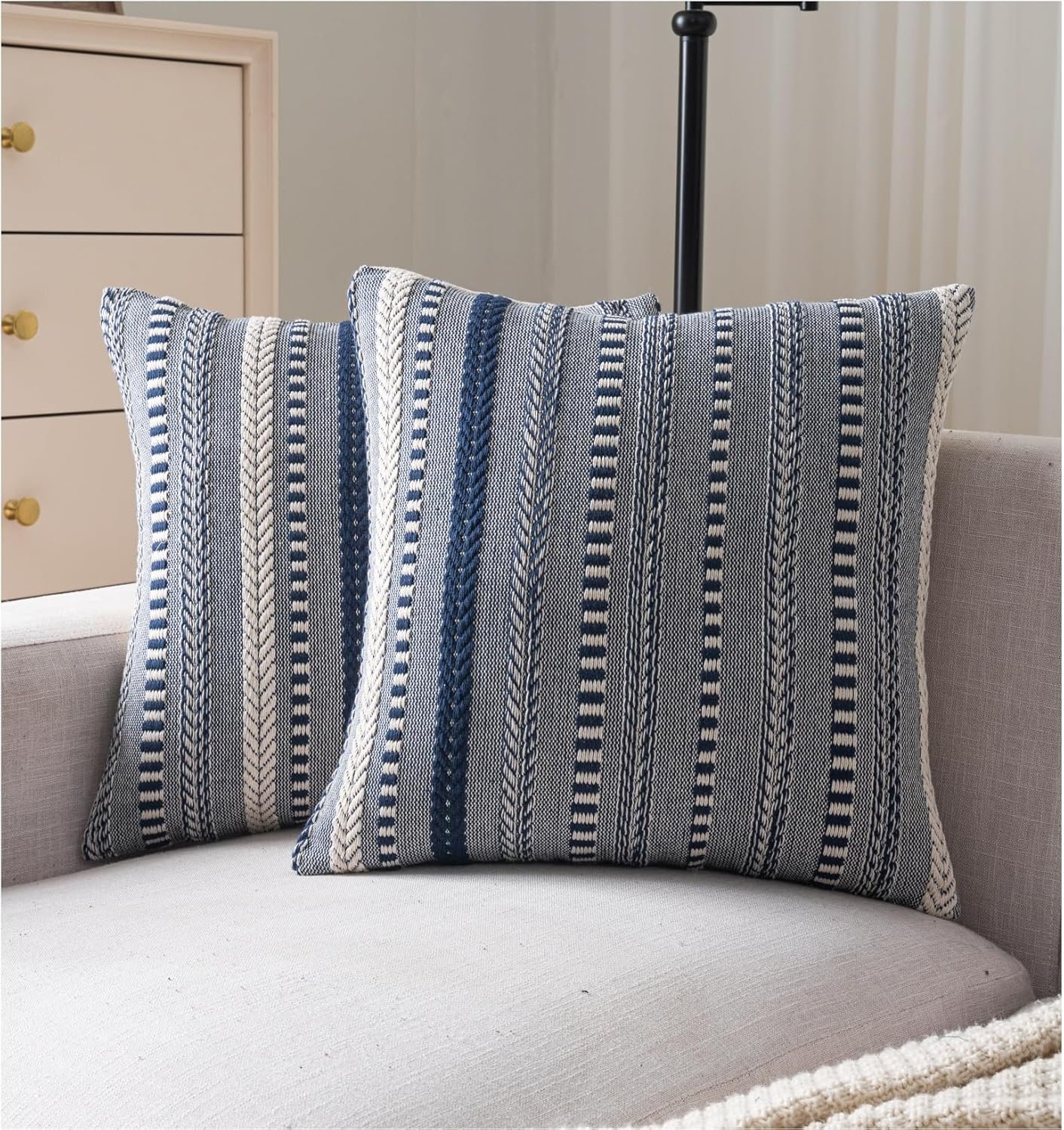 Cethom Boho Throw Pillow Covers 18×18 Inch Set of 2, Farmhouse Decorative Couch Pillow Cases, Navy Blue Accent Pillows of Bed, Sofa Bedroom Living Room Home Decor Cushion Cover