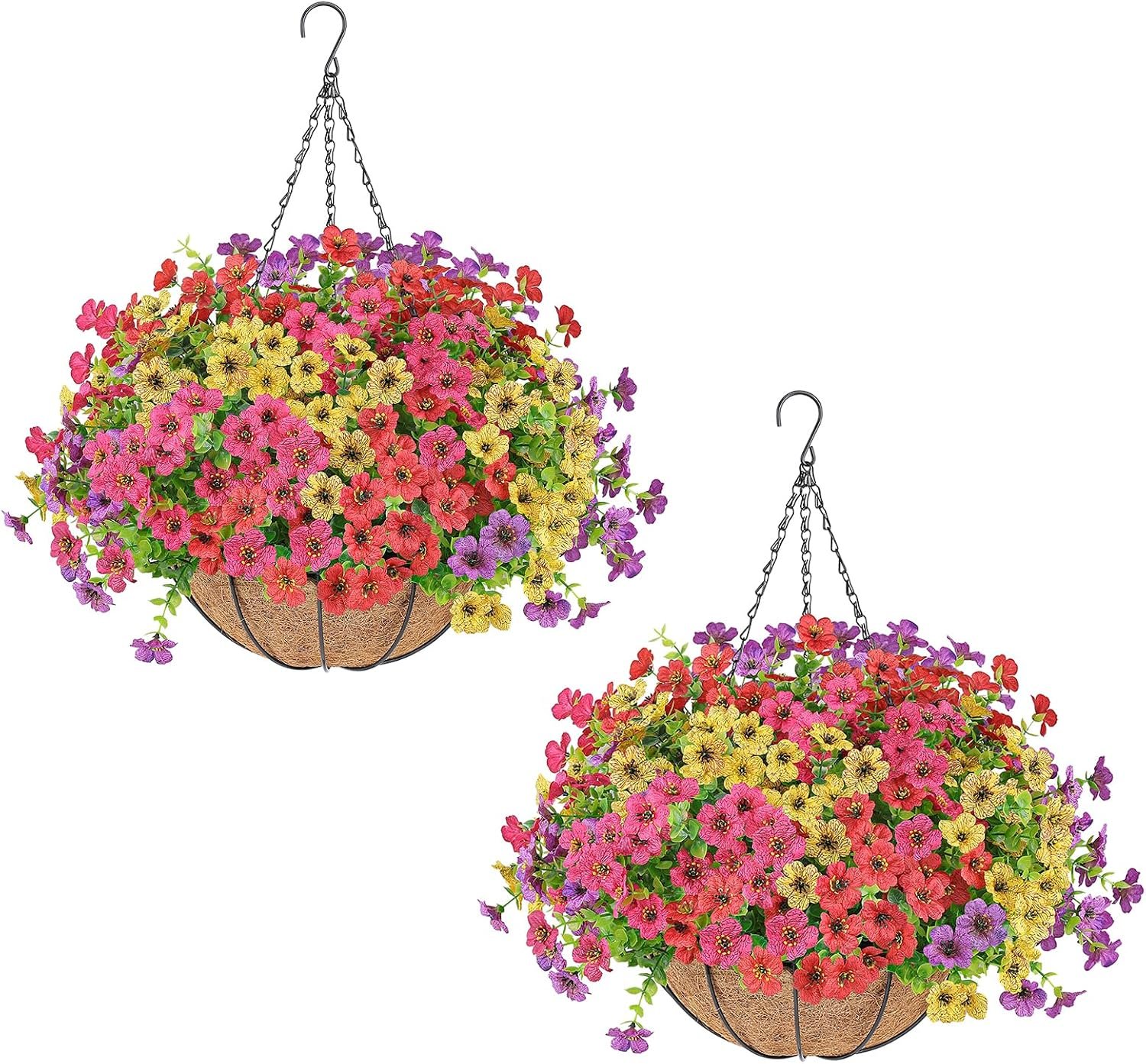 AGIRL 2 Set Artificial Hanging Flowers with Baskets for Outdoors,UV Resistant Fake Hanging Plants for Outdoor Porch Patio Garden, Realistic Silk Flowers for Spring Summer Home Decor