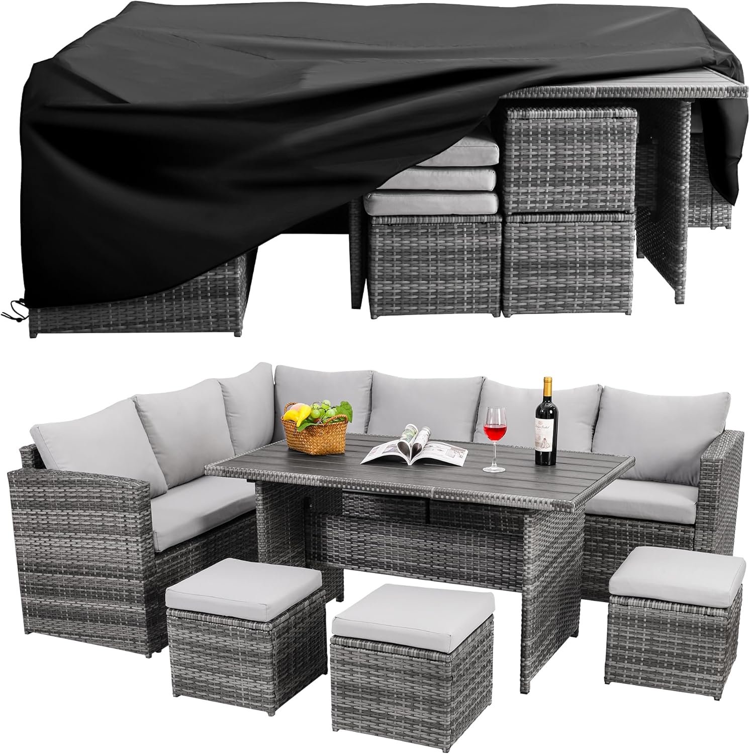 Wumiokio Patio Furniture Set, 7 Pieces Outdoor Patio Furniture with Dining Table&Chair, All Weather Wicker Conversation Set with Ottoman,Grey (Include Sofa Dust Cover)