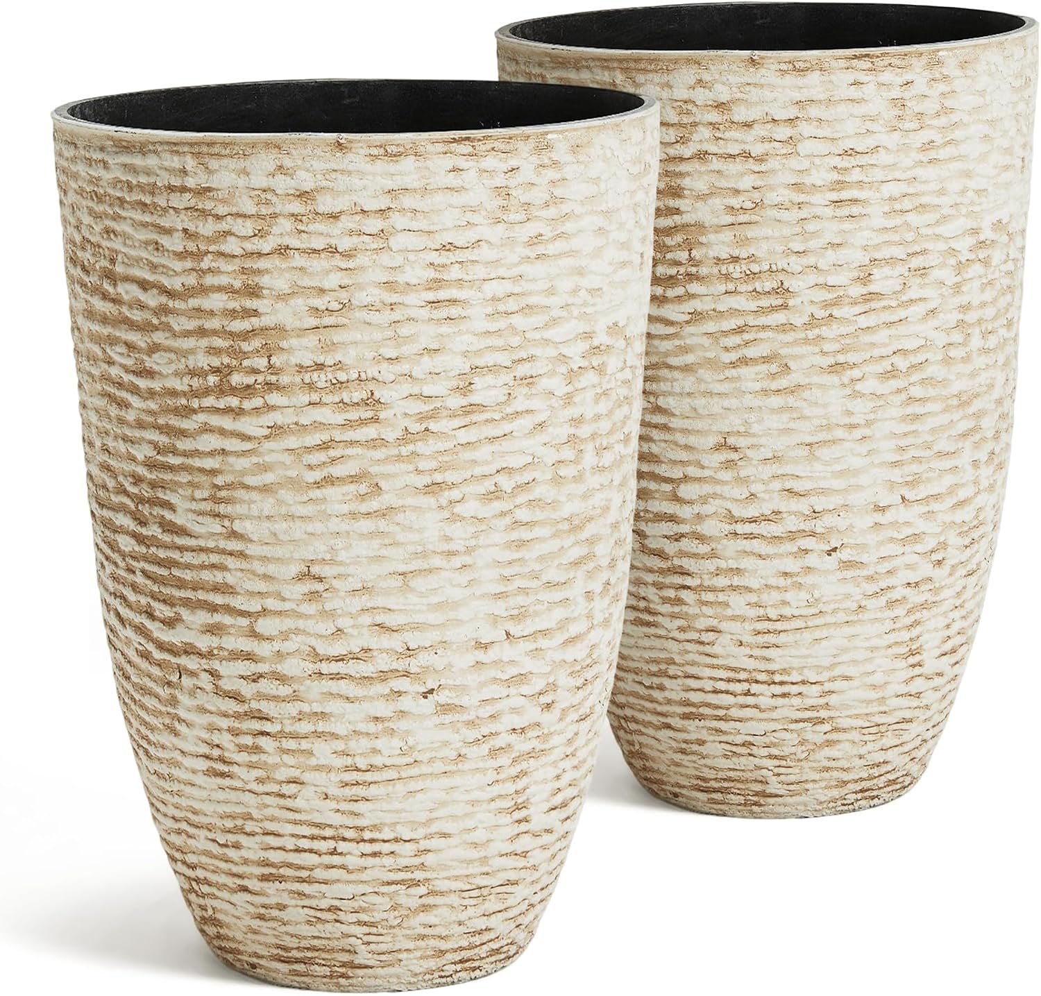 Worth 9 Gallon Tall Round Planters Set of 2-14″ Dia x 21″ H Stone Finish Flower Pots Indoor Decorative Container Garden Patio Unbreakable Beige