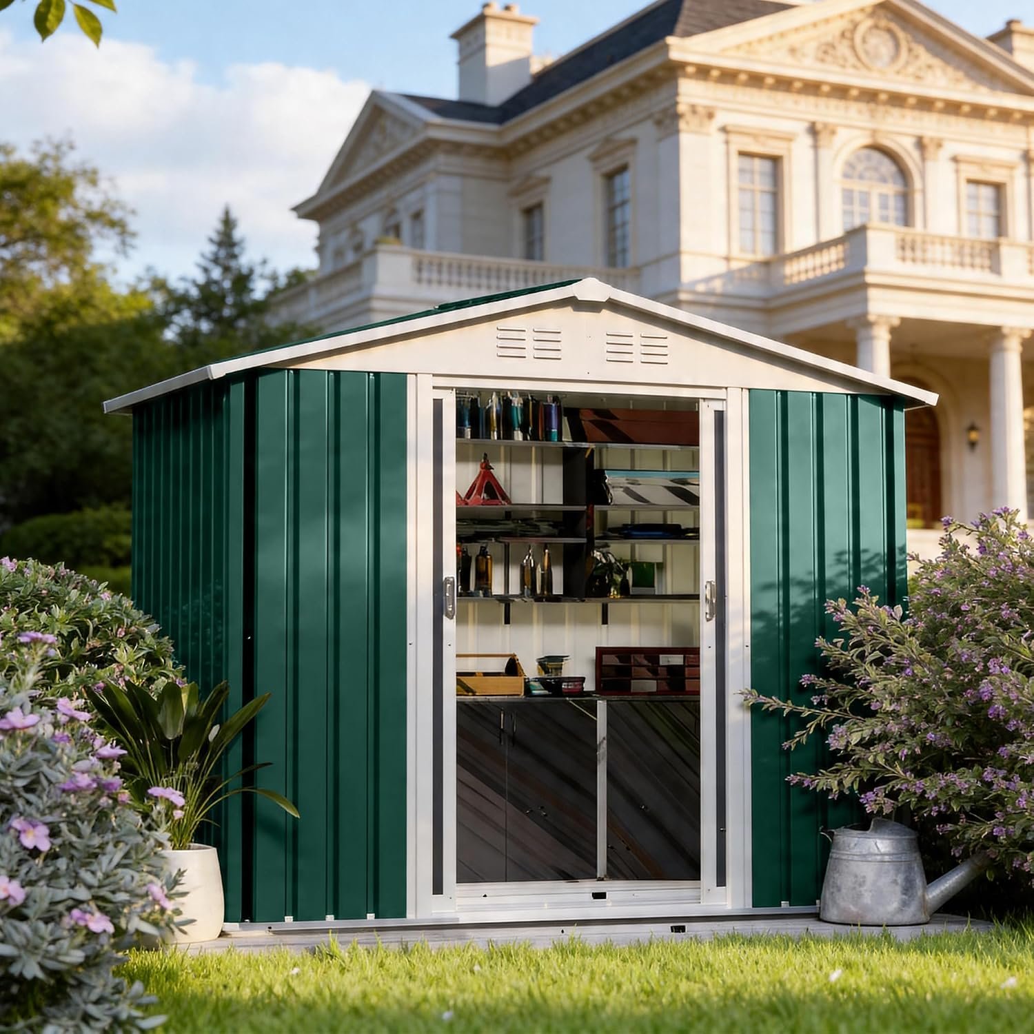 6×4 FT Outdoor Storage Shed, Galvanized Metal Garden Shed, Waterproof, Rust-Resistant, Steel Tool Shed with Doors for Garden Backyard Patio Lawn (Green, Gabled Roof)