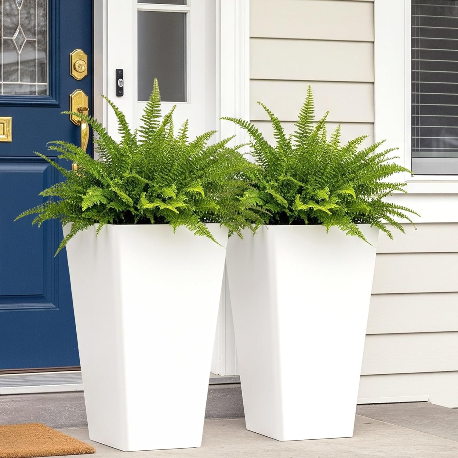 Worth Garden 20″ Tall Planters Set of 2 – Large White Tapered Plastic Flower Pots for Indoor & Outdoor Use – Modern Plant Containers with Drainage Holes – Ideal for Front Porch, Patio, Balcony